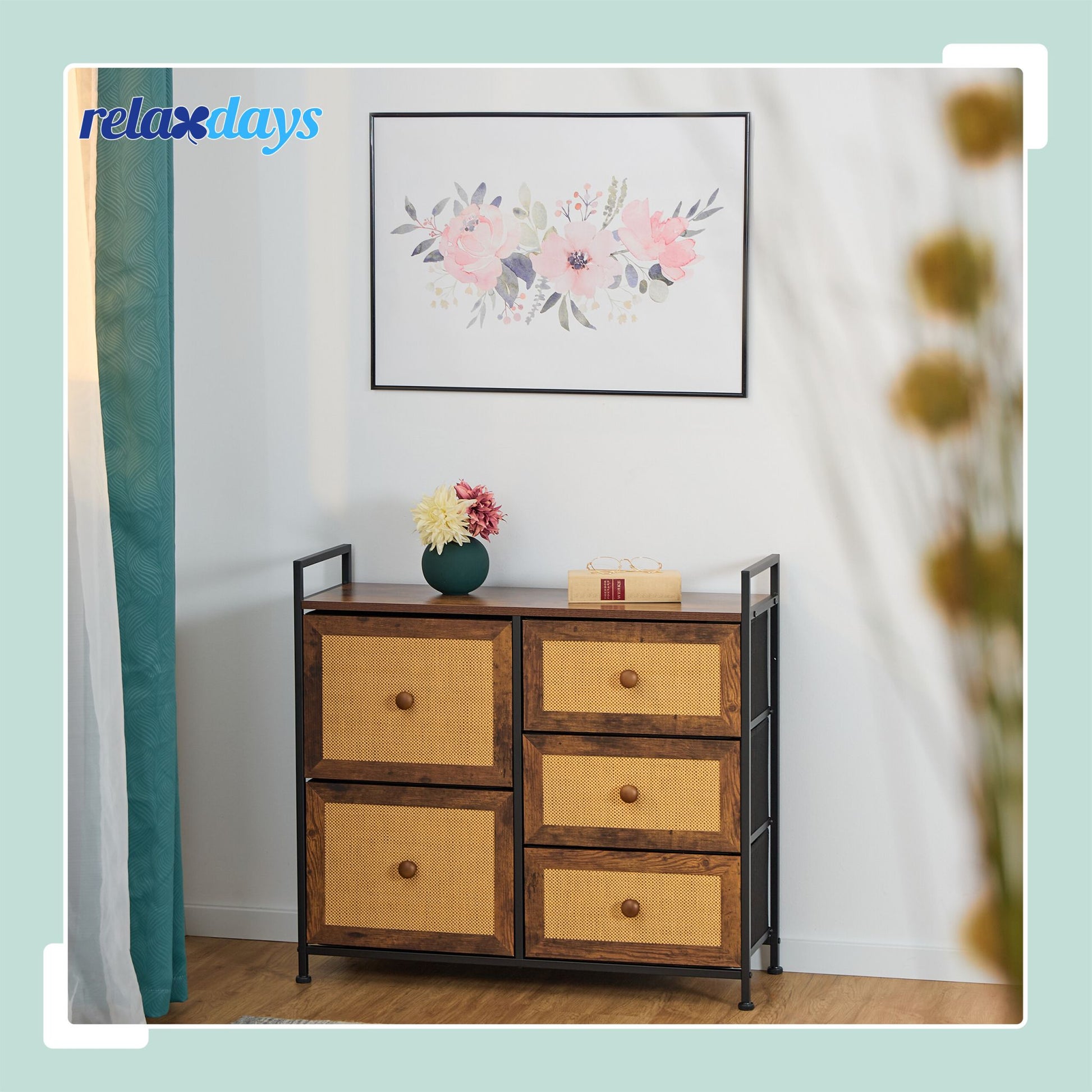 Kommode mit 5 Schubladen in Rattan-Optik Dunkelbraun-Hellbraun-Schwarz von Relaxdays