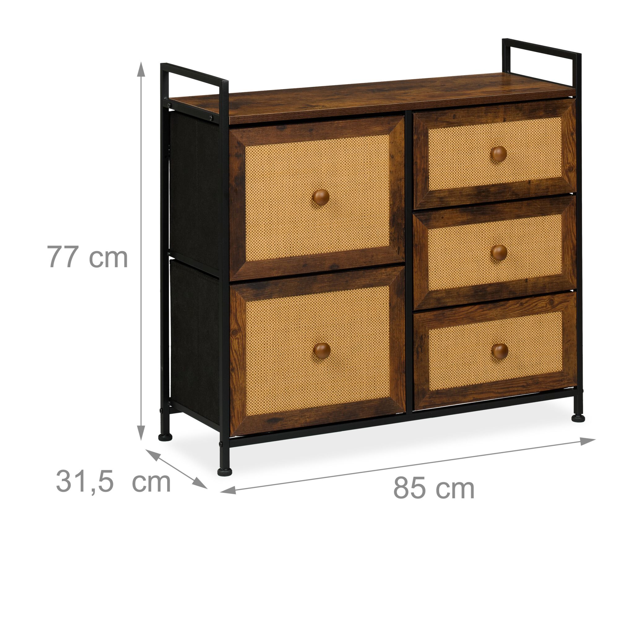 Kommode mit 5 Schubladen in Rattan-Optik Dunkelbraun-Hellbraun-Schwarz von Relaxdays