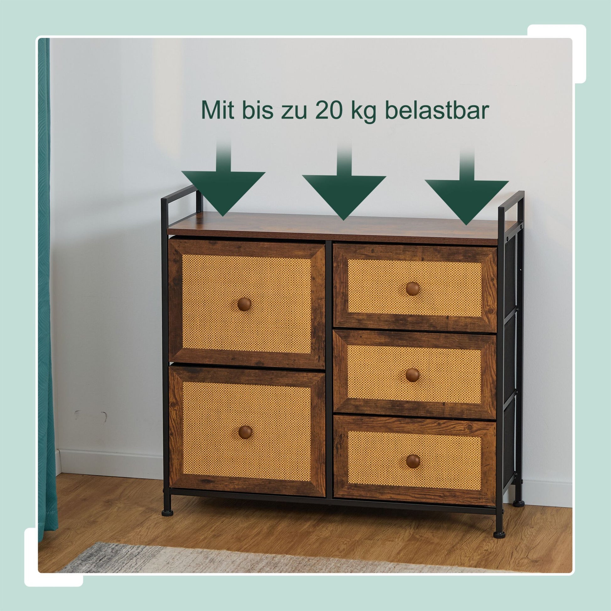 Kommode mit 5 Schubladen in Rattan-Optik Dunkelbraun-Hellbraun-Schwarz von Relaxdays