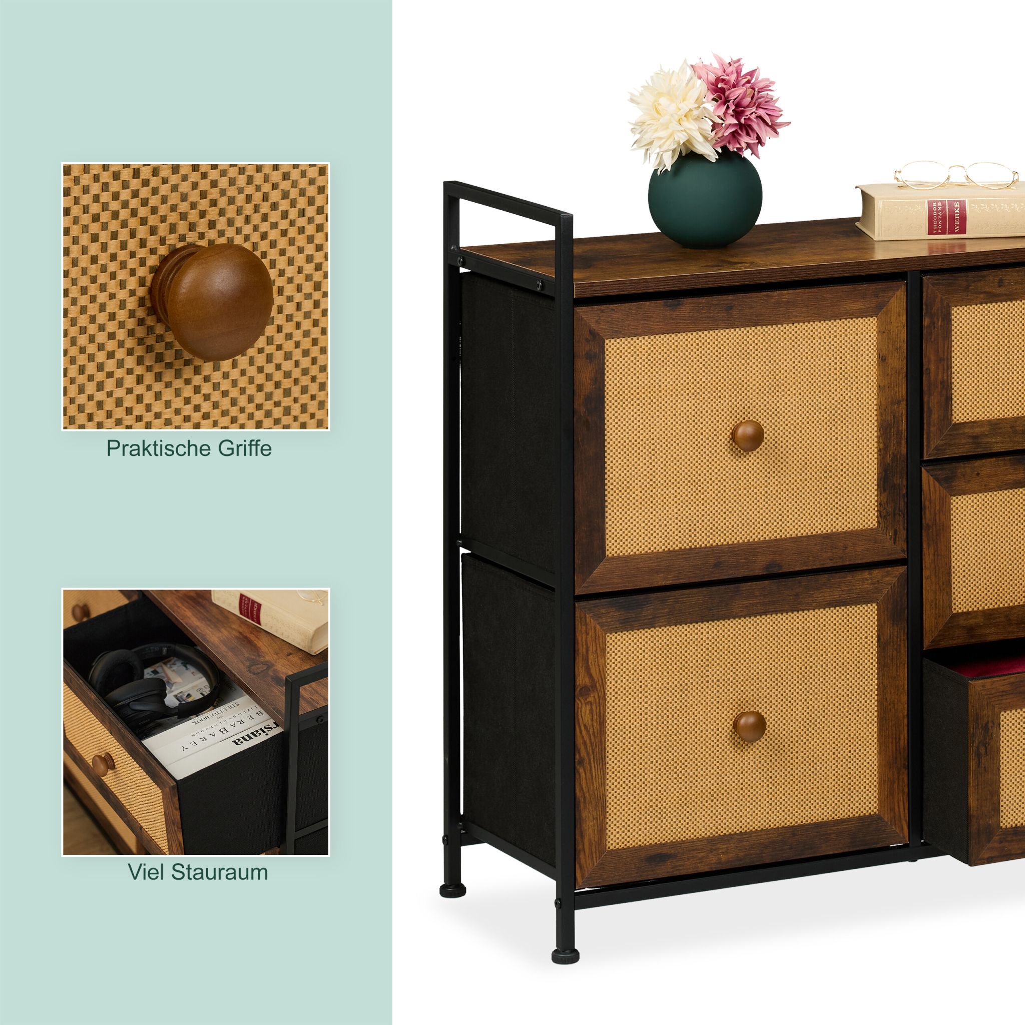 Kommode mit 5 Schubladen in Rattan-Optik Dunkelbraun-Hellbraun-Schwarz von Relaxdays