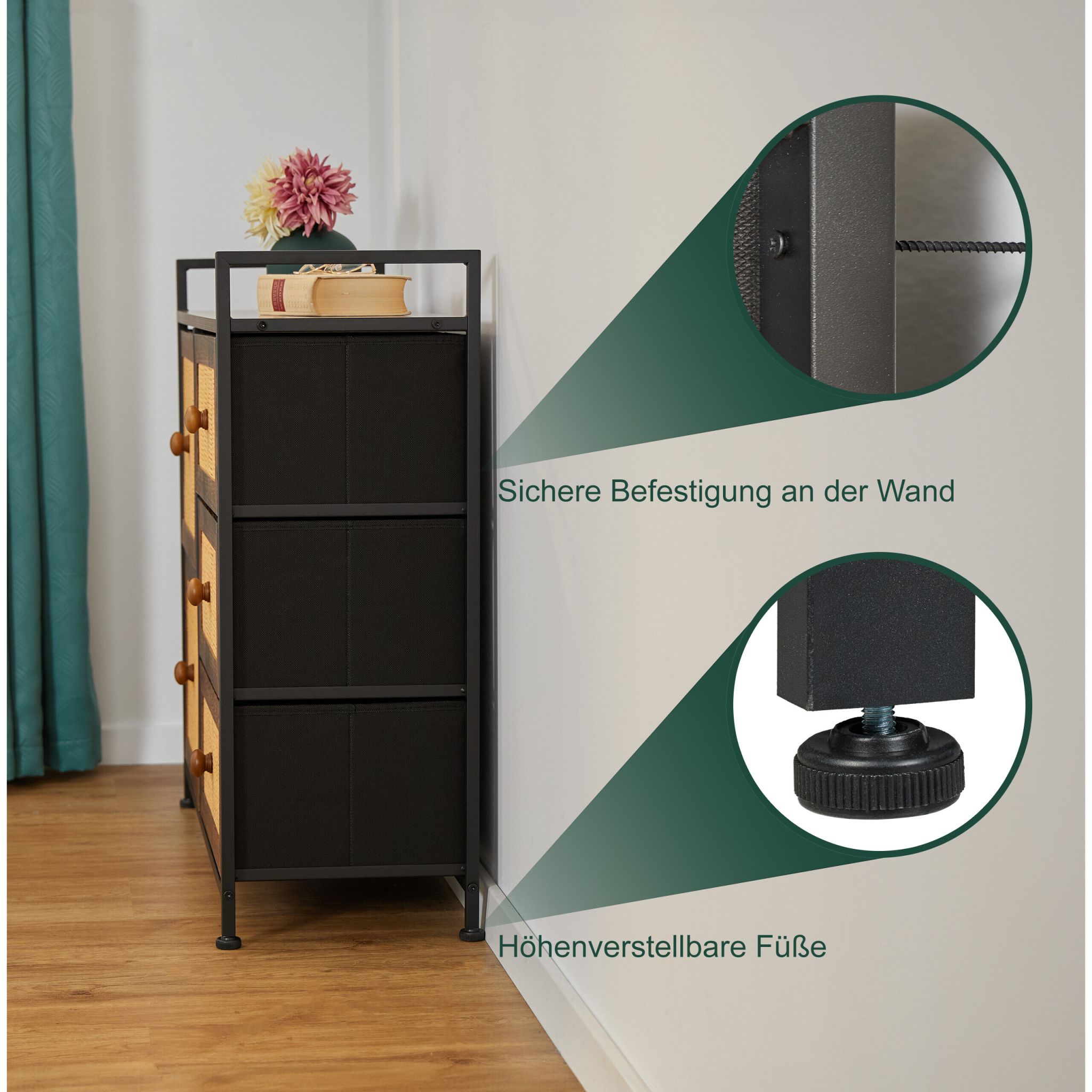 Kommode mit 5 Schubladen in Rattan-Optik Dunkelbraun-Hellbraun-Schwarz von Relaxdays