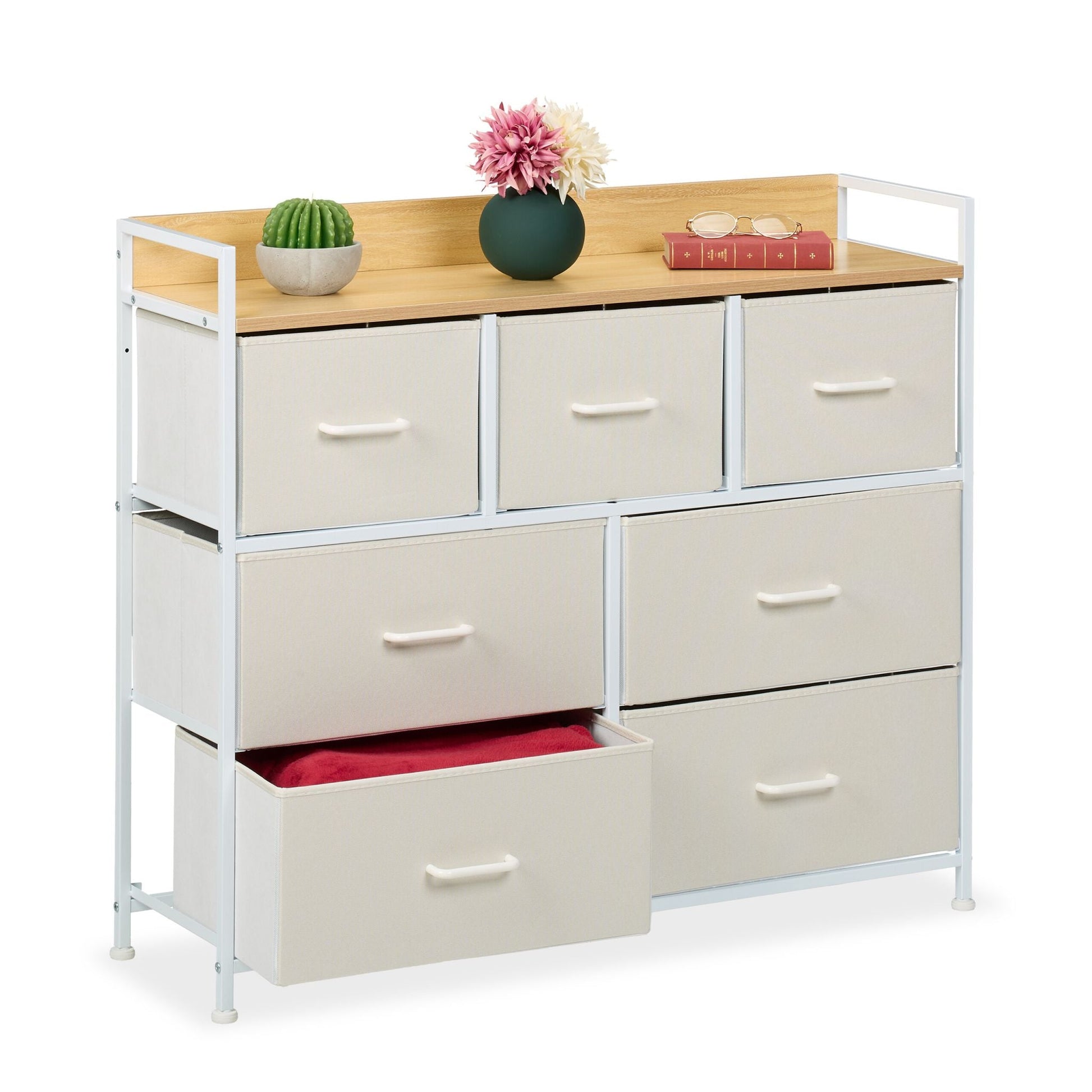 Kommode mit 7 Schubladen Beige-Weiss-Hellbraun von Relaxdays