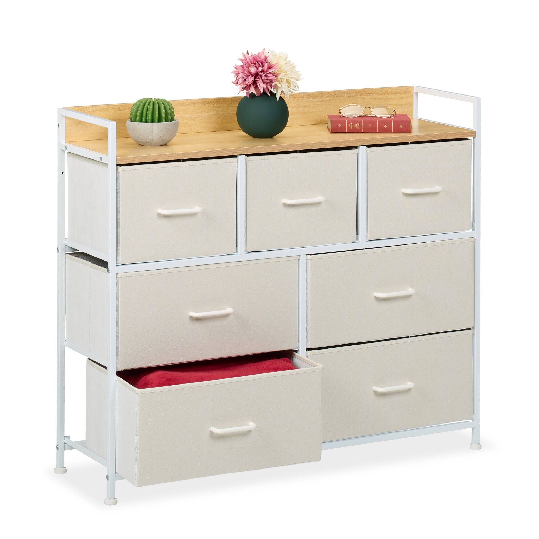 Kommode mit 7 Schubladen Beige-Weiss-Hellbraun von Relaxdays