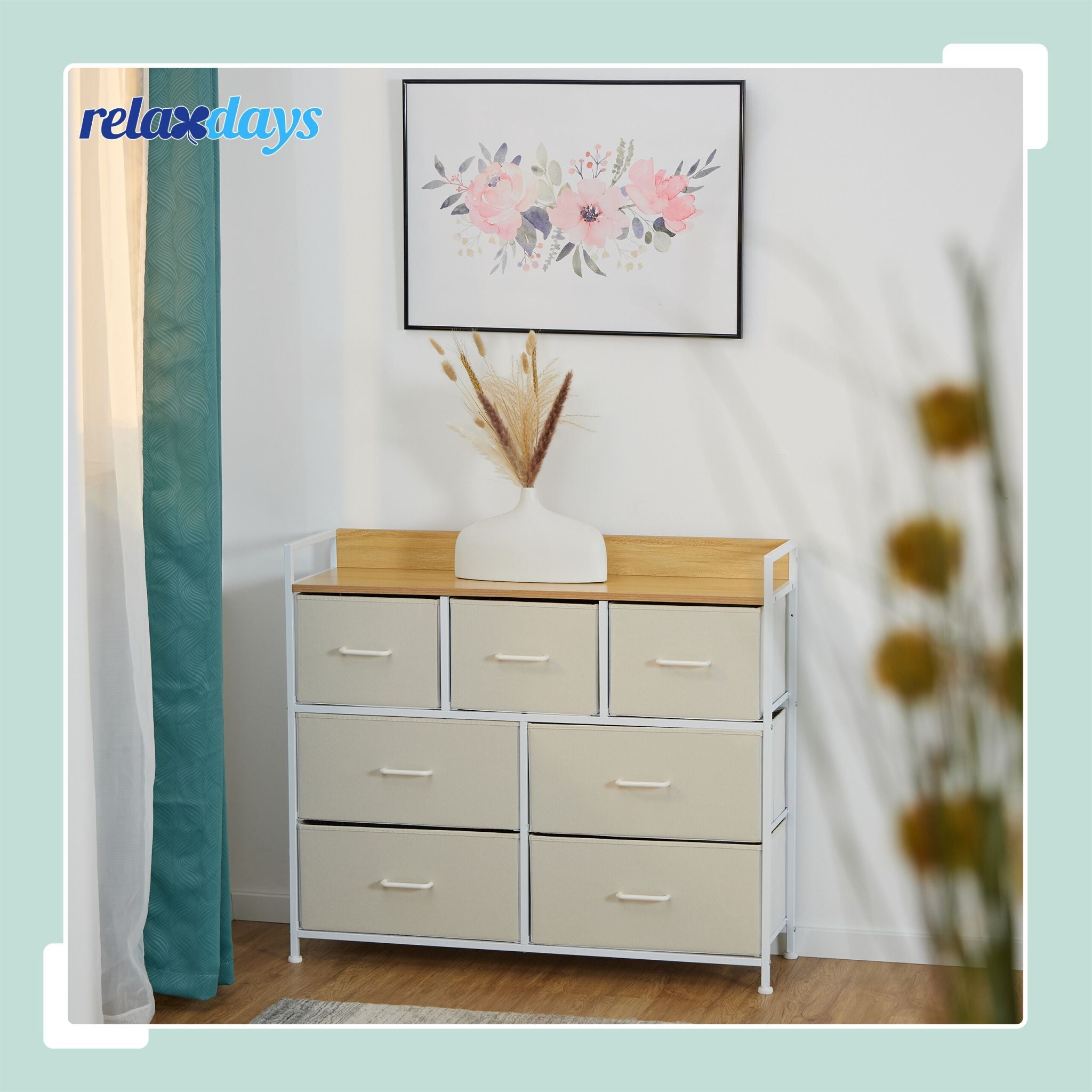 Kommode mit 7 Schubladen Beige-Weiss-Hellbraun von Relaxdays