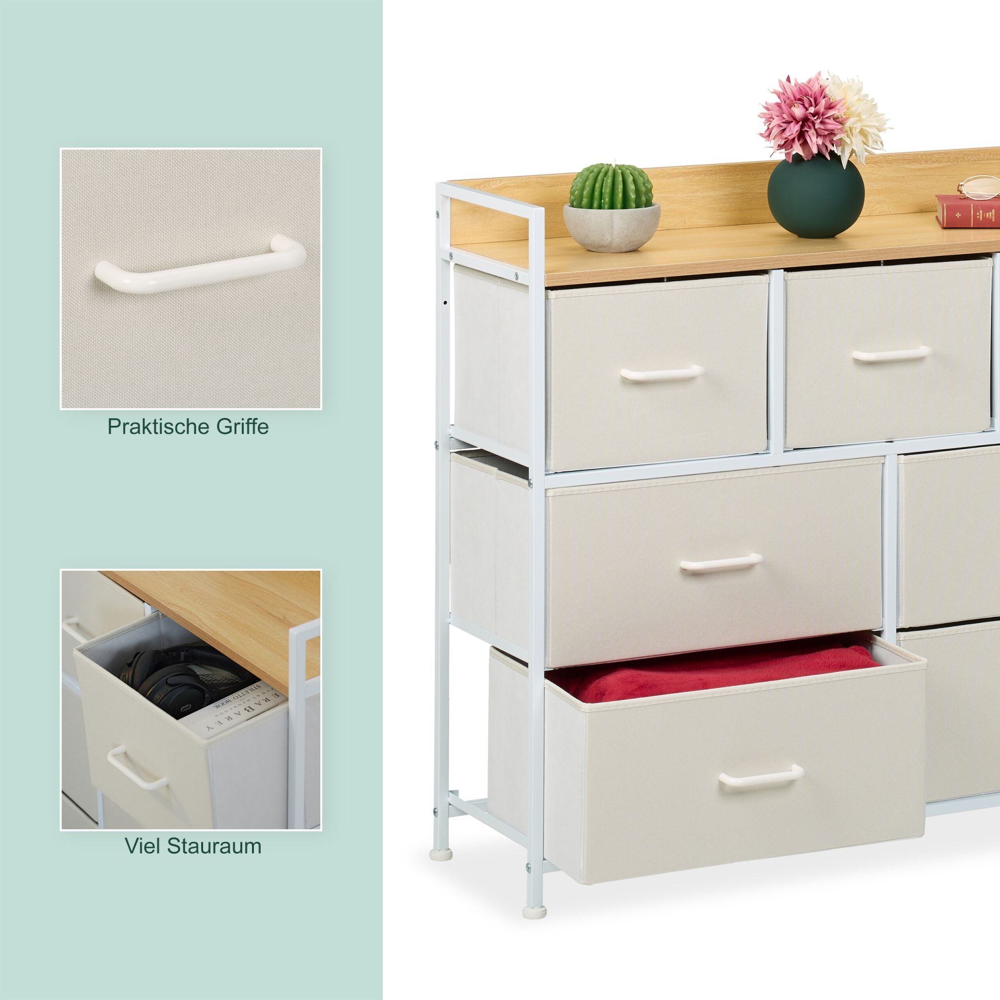 Kommode mit 7 Schubladen Beige-Weiss-Hellbraun von Relaxdays