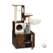Kratzbaum mit Katzenklo-Schrank 128cm Weiss-Dunkelbraun von Relaxdays