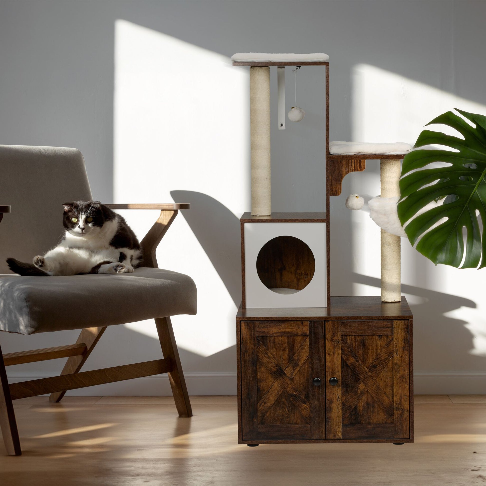 Kratzbaum mit Katzenklo-Schrank 128cm Weiss-Dunkelbraun von Relaxdays