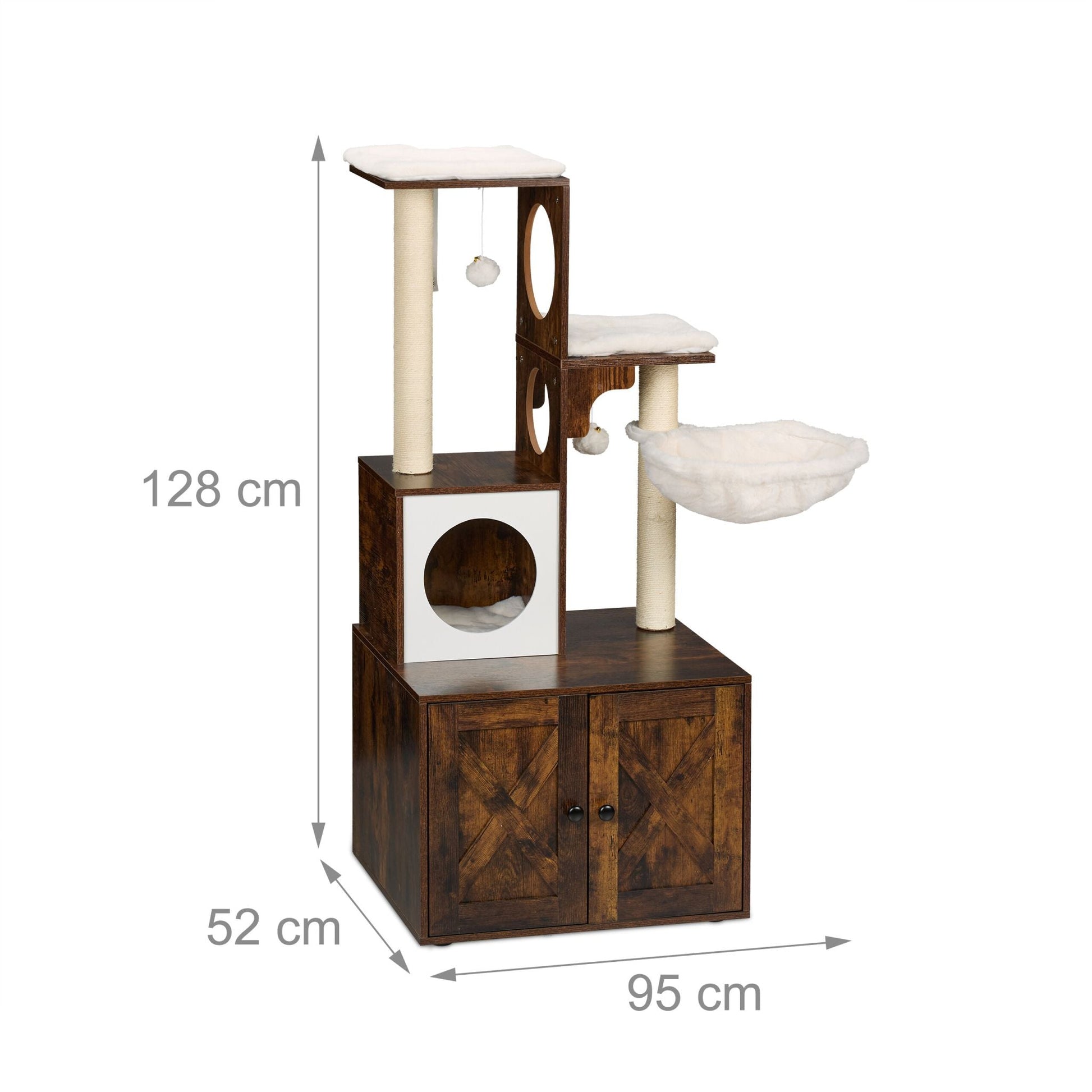 Kratzbaum mit Katzenklo-Schrank 128cm Weiss-Dunkelbraun von Relaxdays
