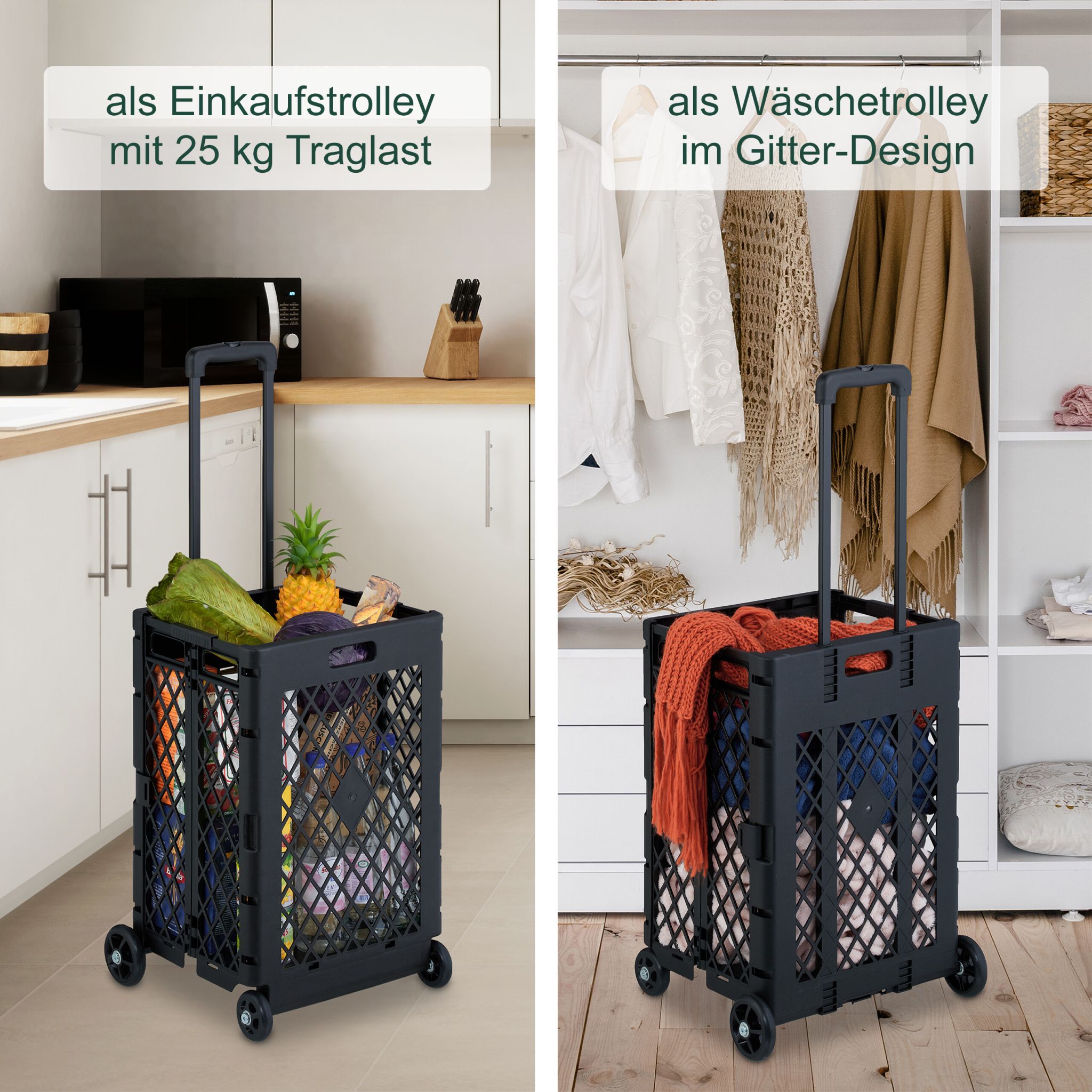 Klappbarer Einkaufstrolley Schwarz von Relaxdays