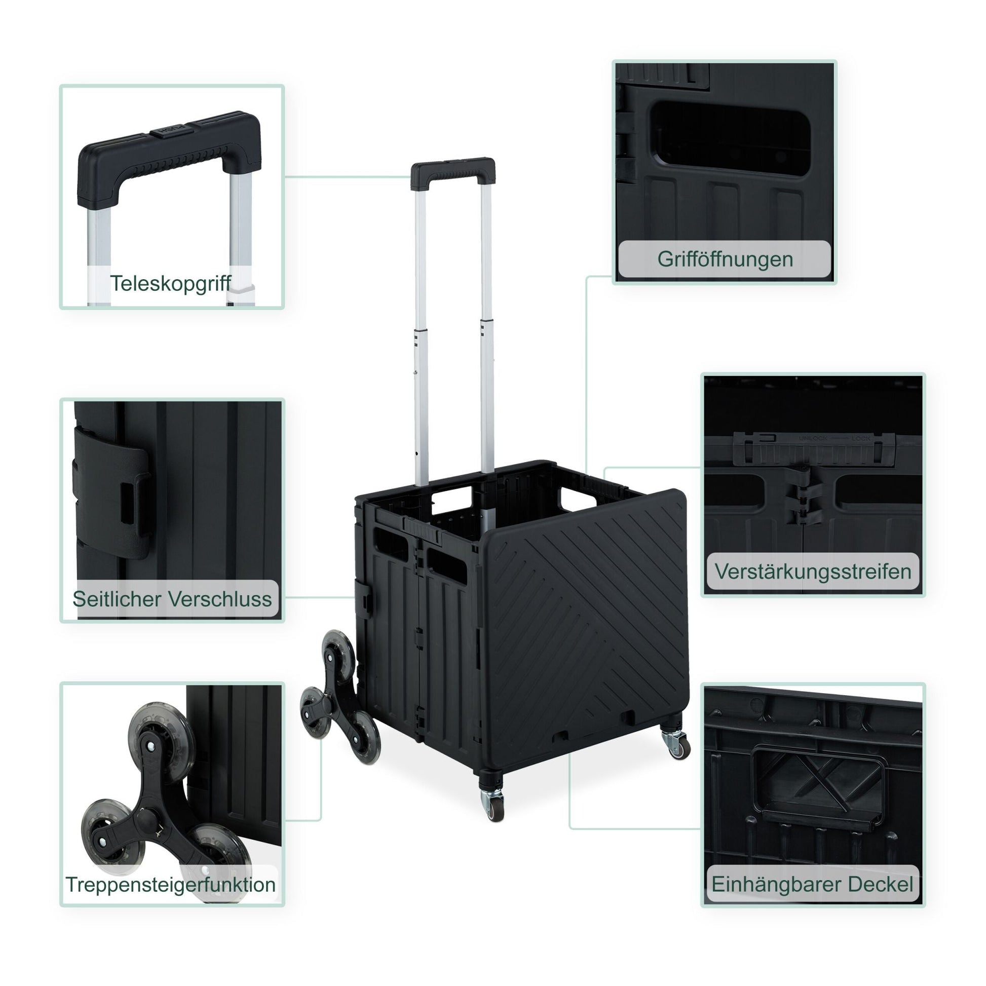Einkaufstrolley klappbar + Deckel 8 Rad Schwarz von Relaxdays