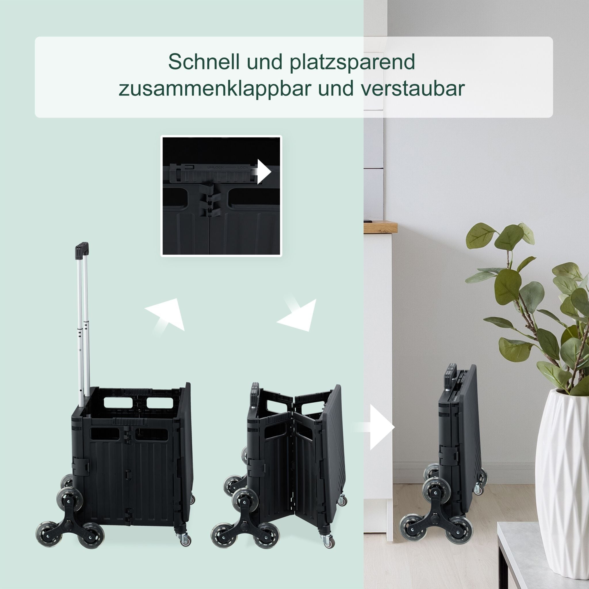 Einkaufstrolley klappbar + Deckel 8 Rad Schwarz von Relaxdays