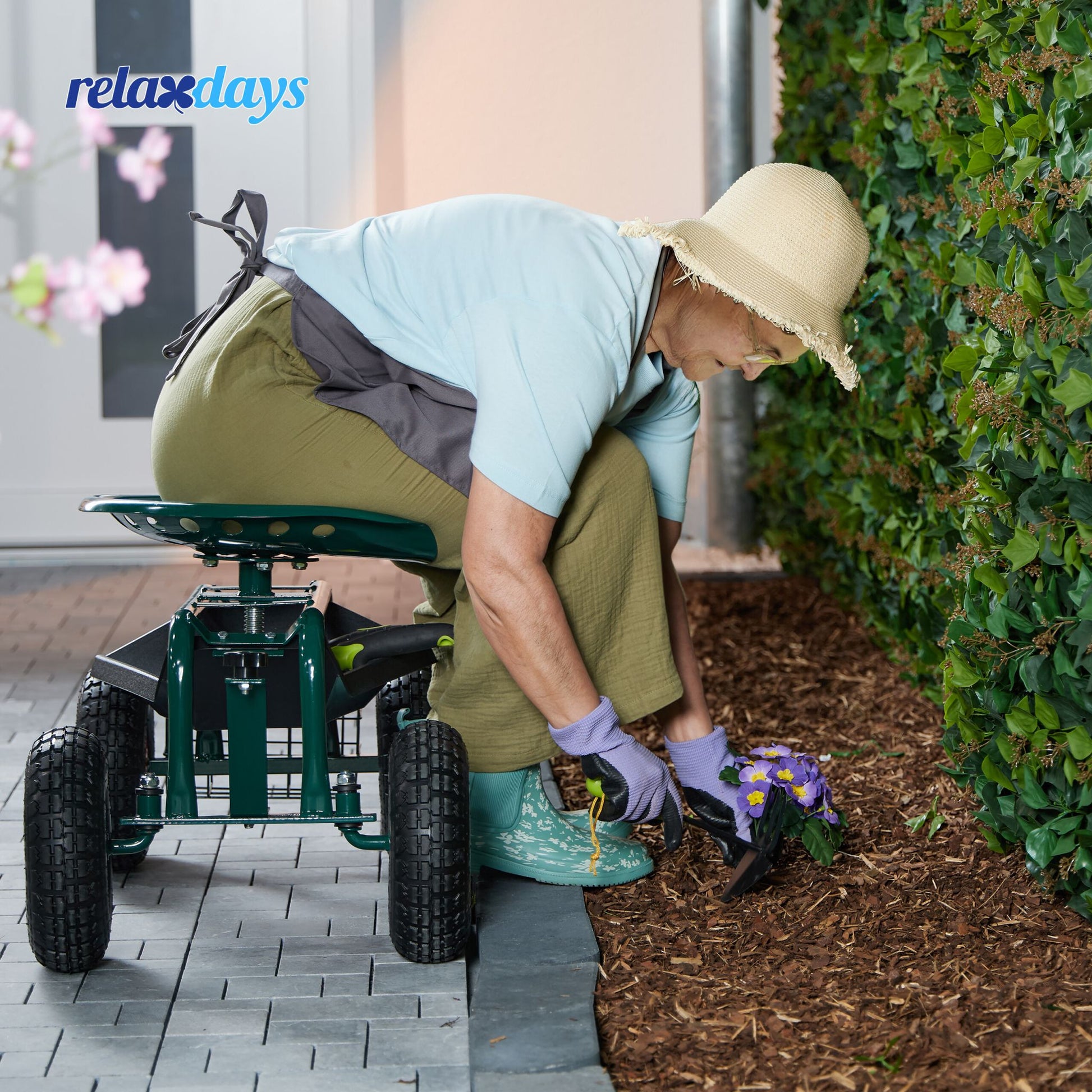 Fahrbarer Gartensitz mit Stauraum Dunkelgrün-Rot-Schwarz von Relaxdays