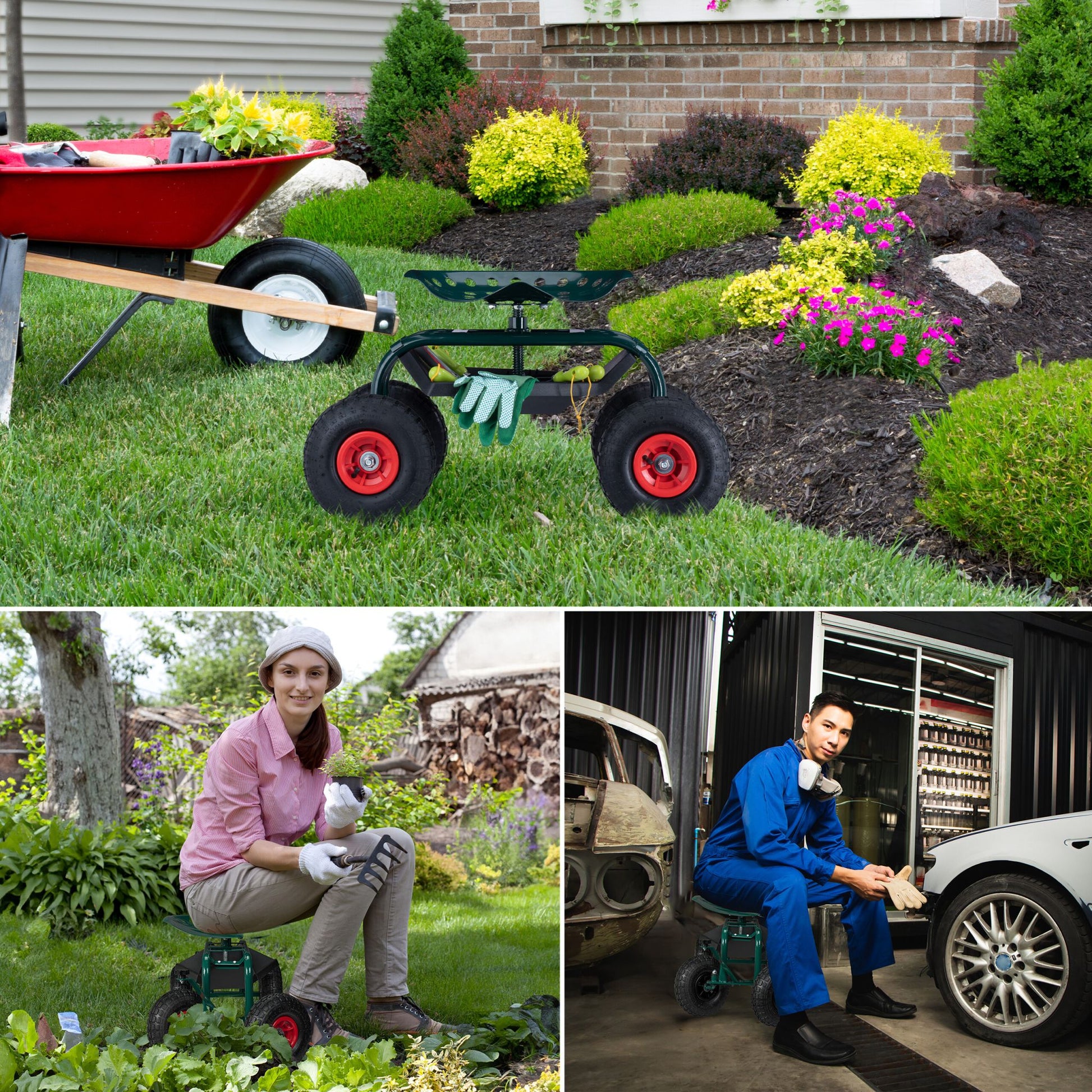 Fahrbarer Gartensitz mit Stauraum Dunkelgrün-Rot-Schwarz von Relaxdays