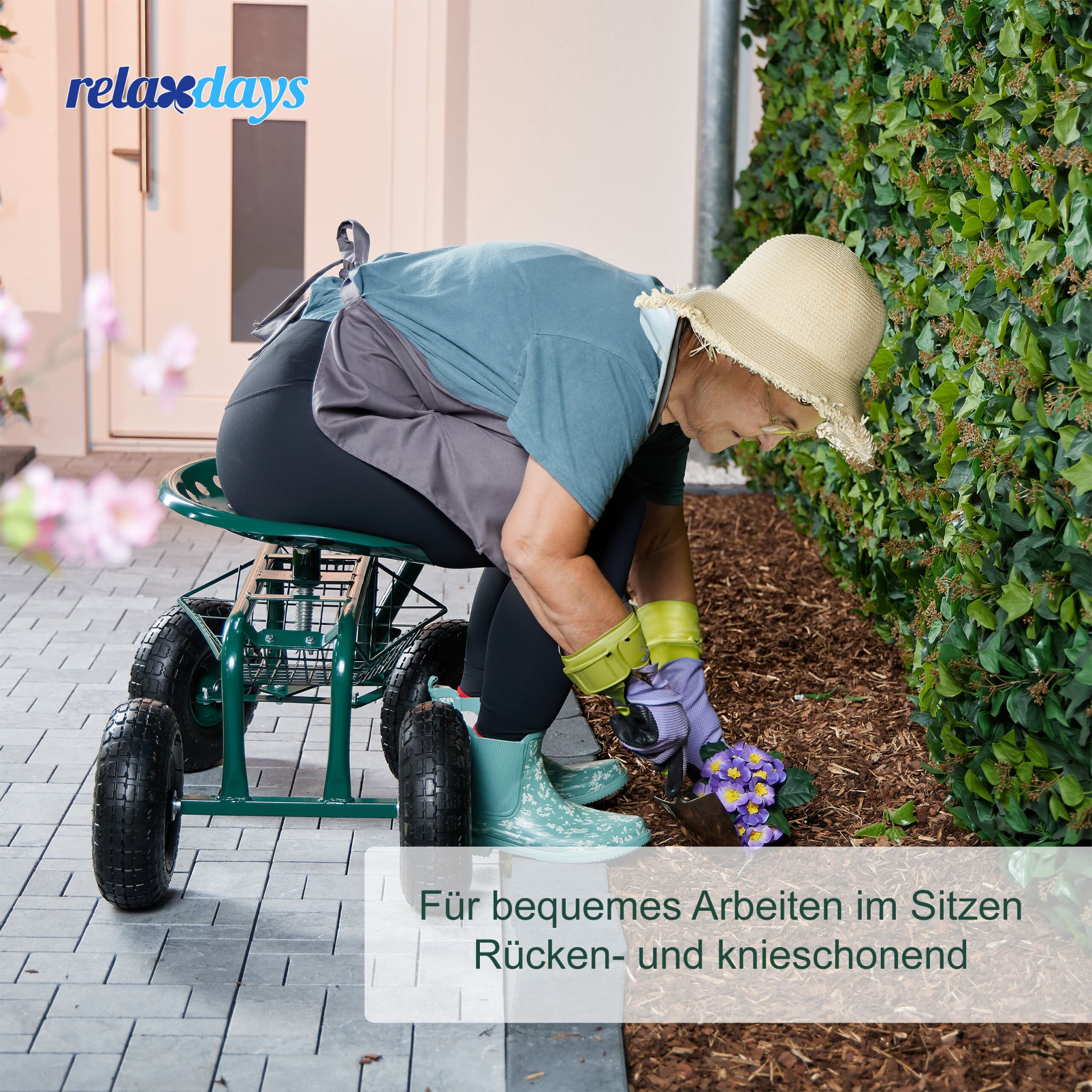 Fahrbarer Gartensitz mit Stauraum Dunkelgrün-Schwarz von Relaxdays