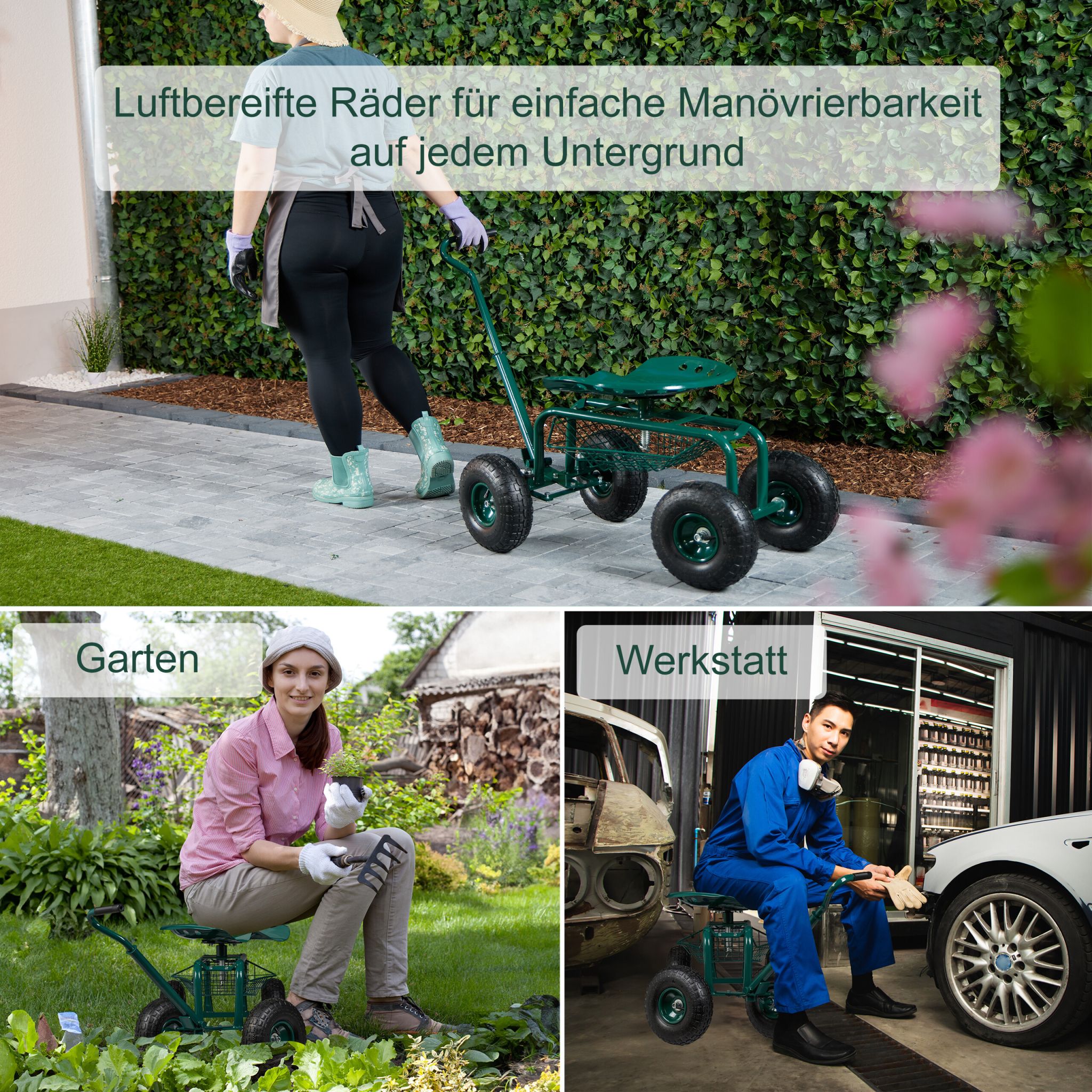 Fahrbarer Gartensitz mit Stauraum Dunkelgrün-Schwarz von Relaxdays