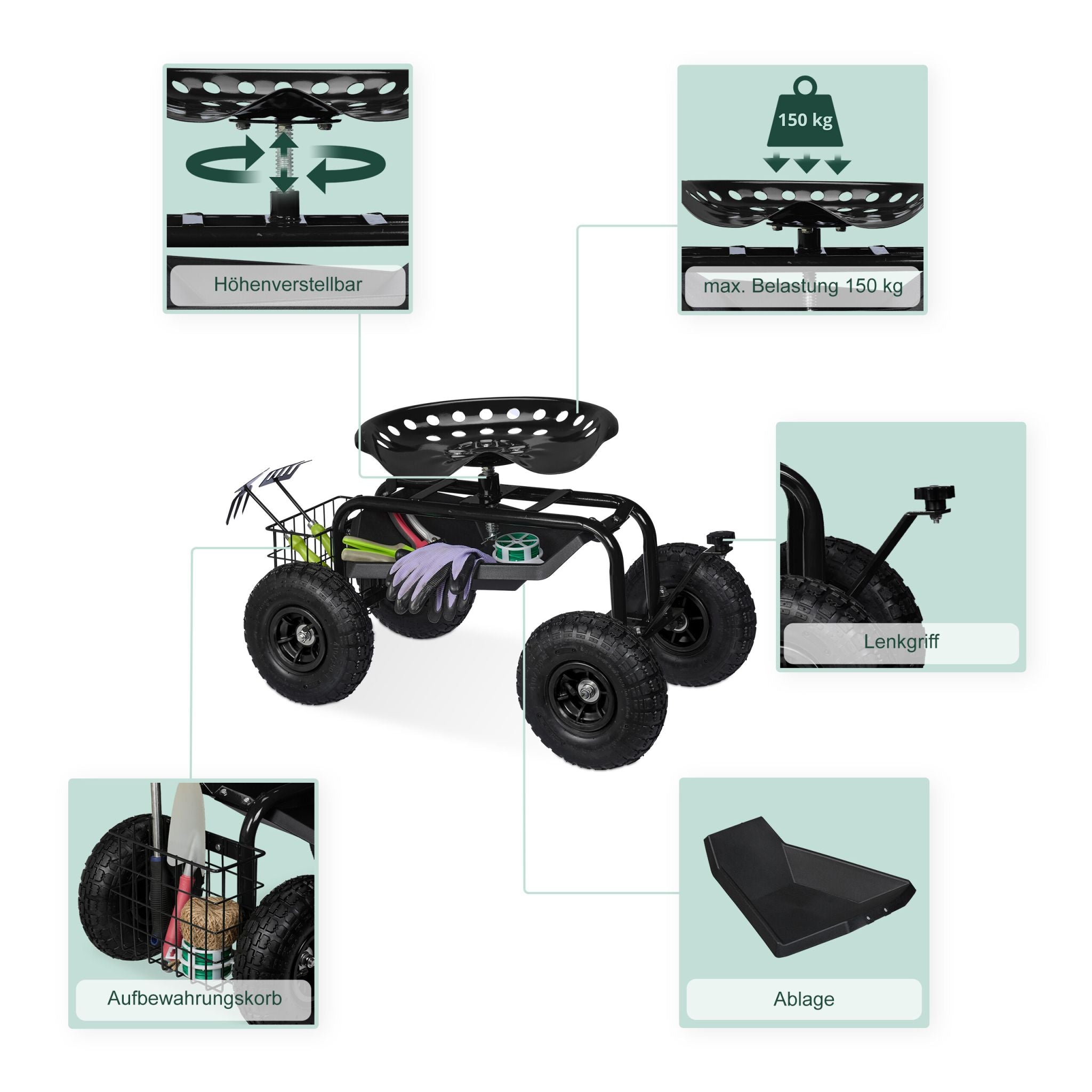 Fahrbarer Gartensitz mit Stauraum Schwarz von Relaxdays