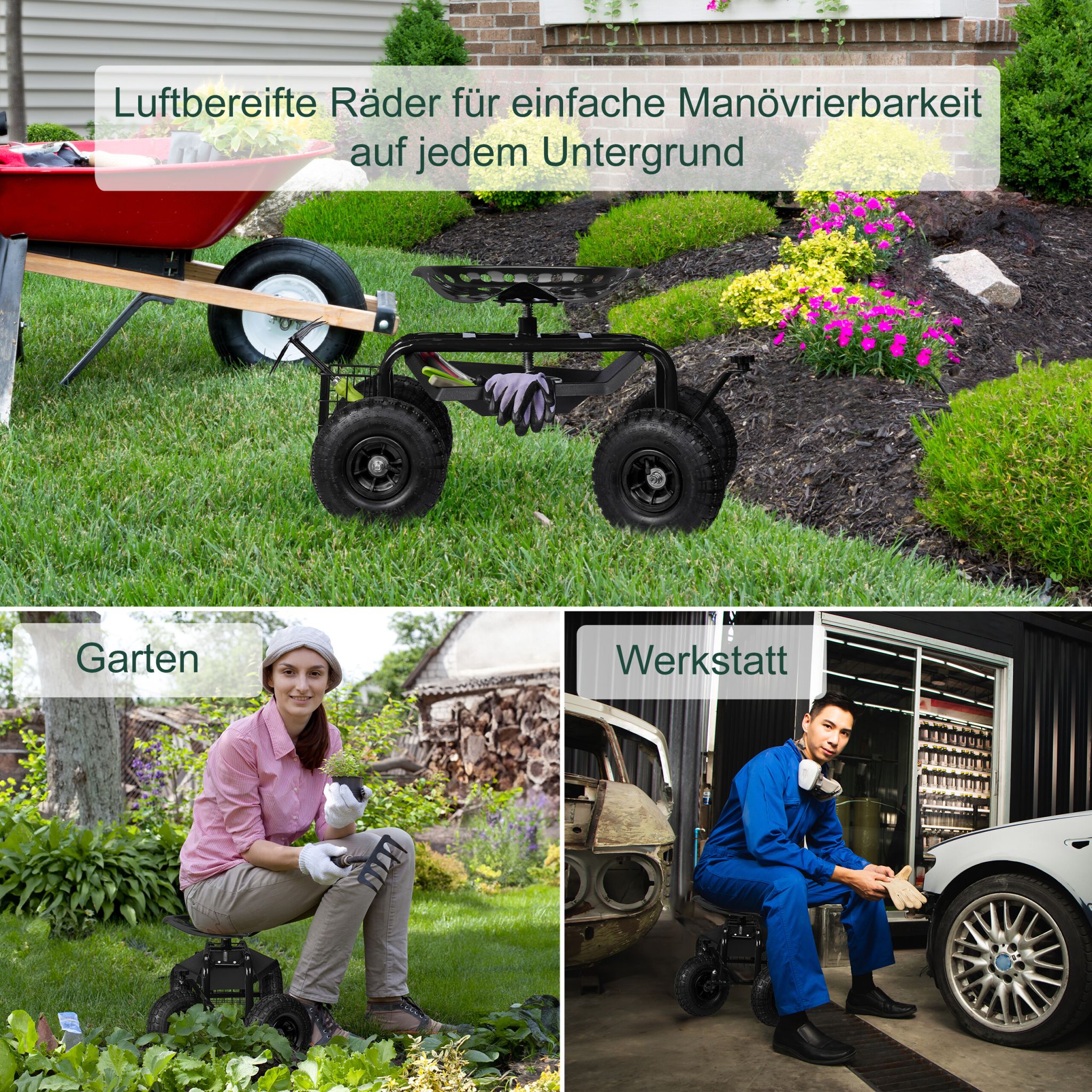 Fahrbarer Gartensitz mit Stauraum Schwarz von Relaxdays