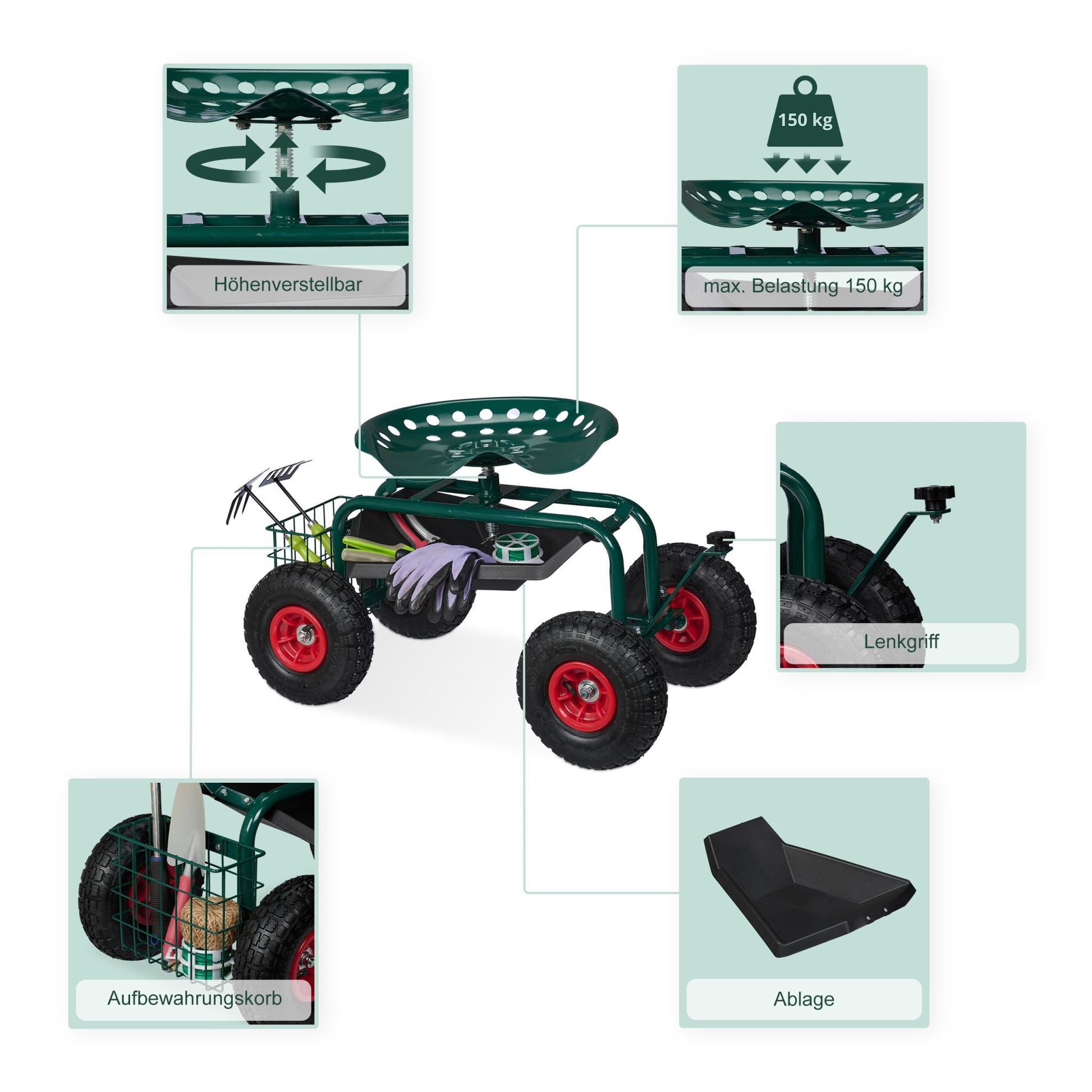 Fahrbarer Gartensitz mit Stauraum Dunkelgrün-Rot-Schwarz von Relaxdays