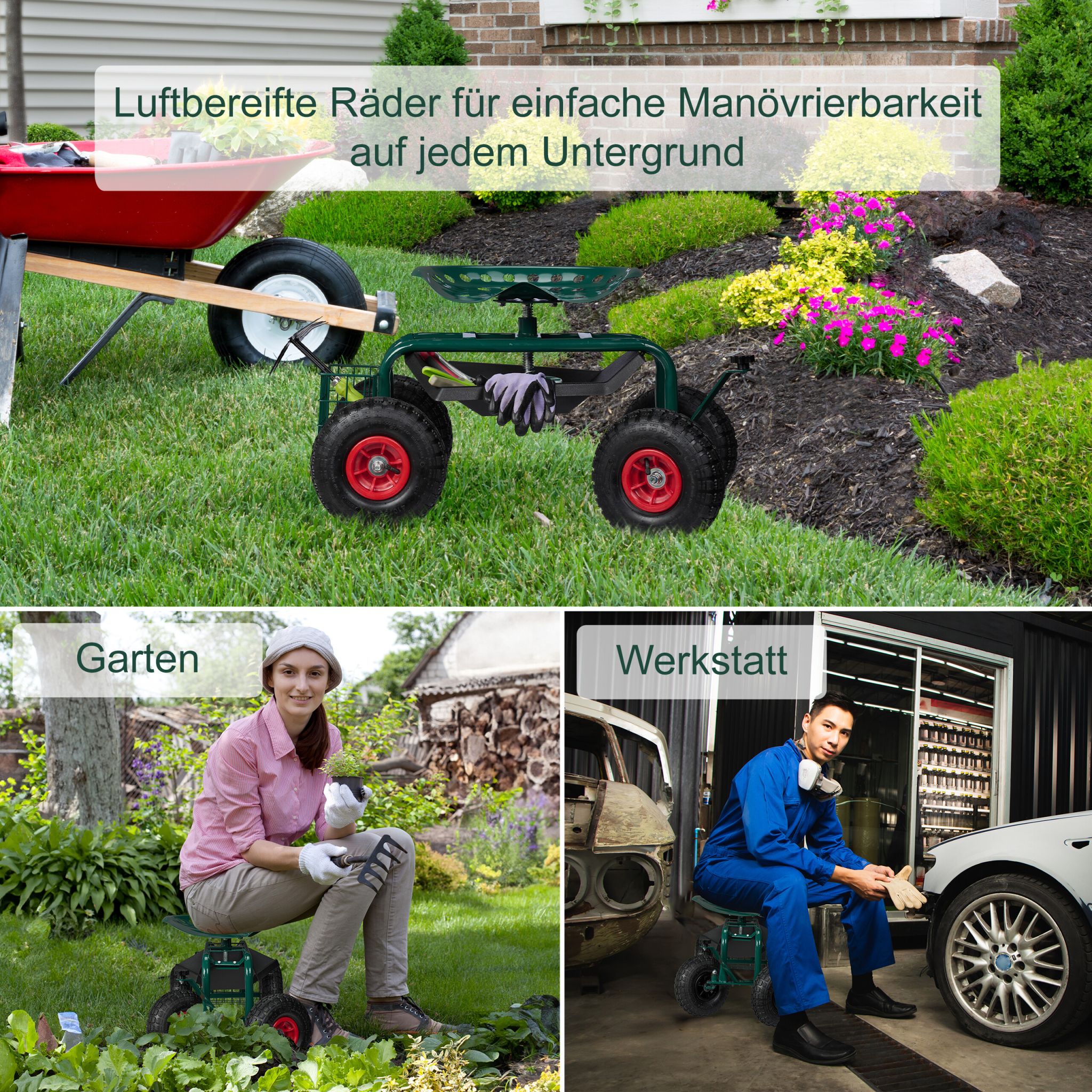 Fahrbarer Gartensitz mit Stauraum Dunkelgrün-Rot-Schwarz von Relaxdays