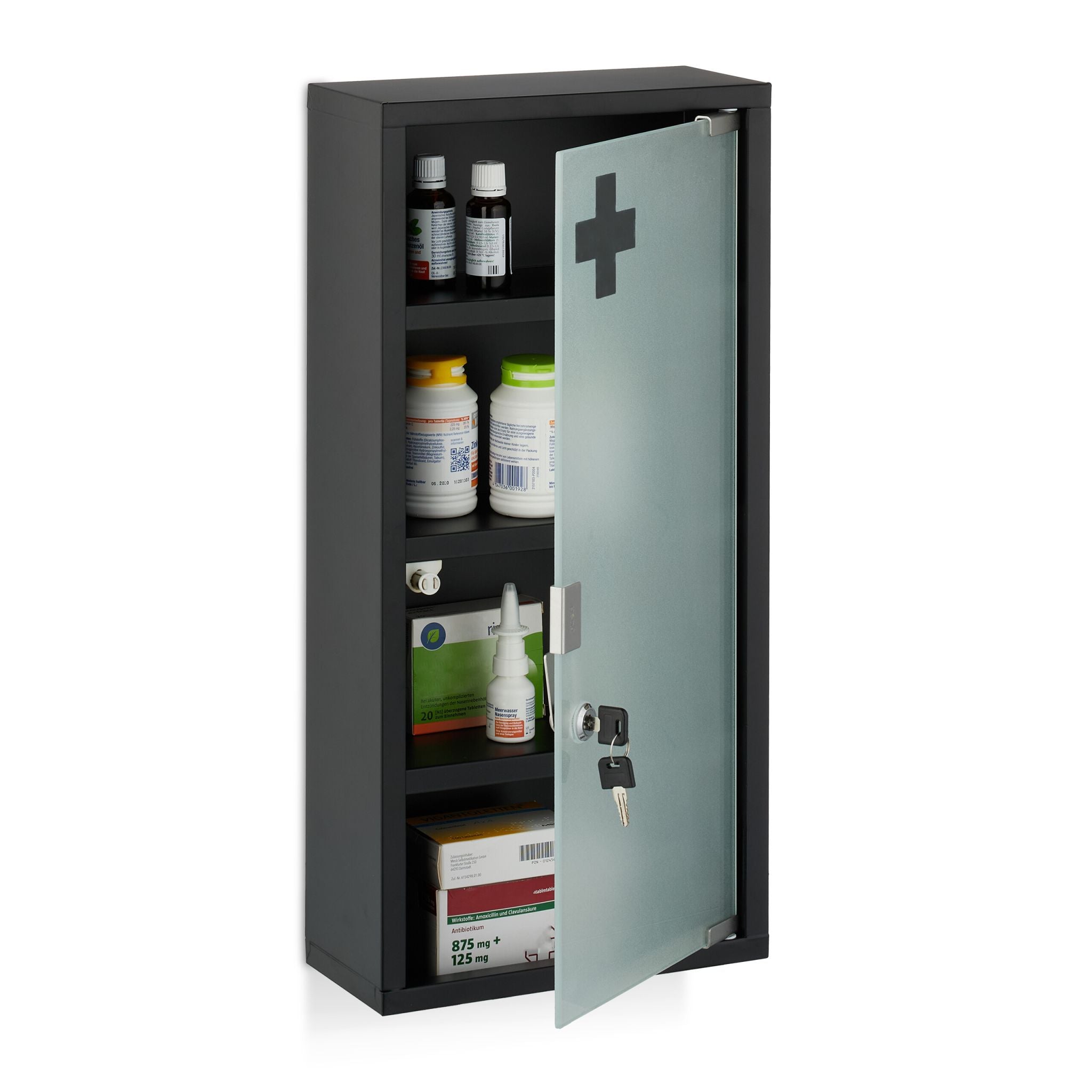 Medizinschrank mit Glastür Weiss-Schwarz-Silber von Relaxdays