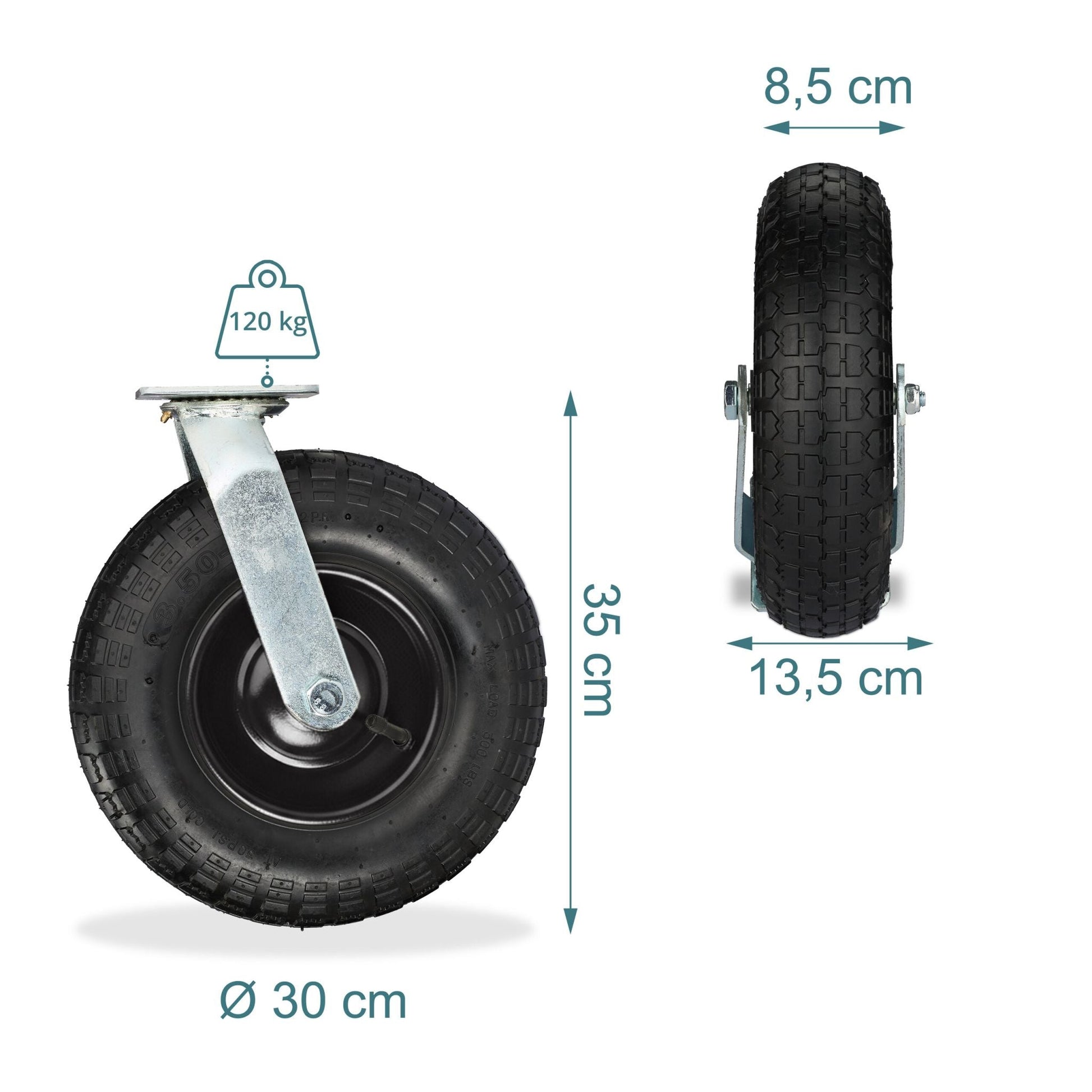 Lenkrolle luftbereift 3.50-6 Schwarz-Silber von Relaxdays