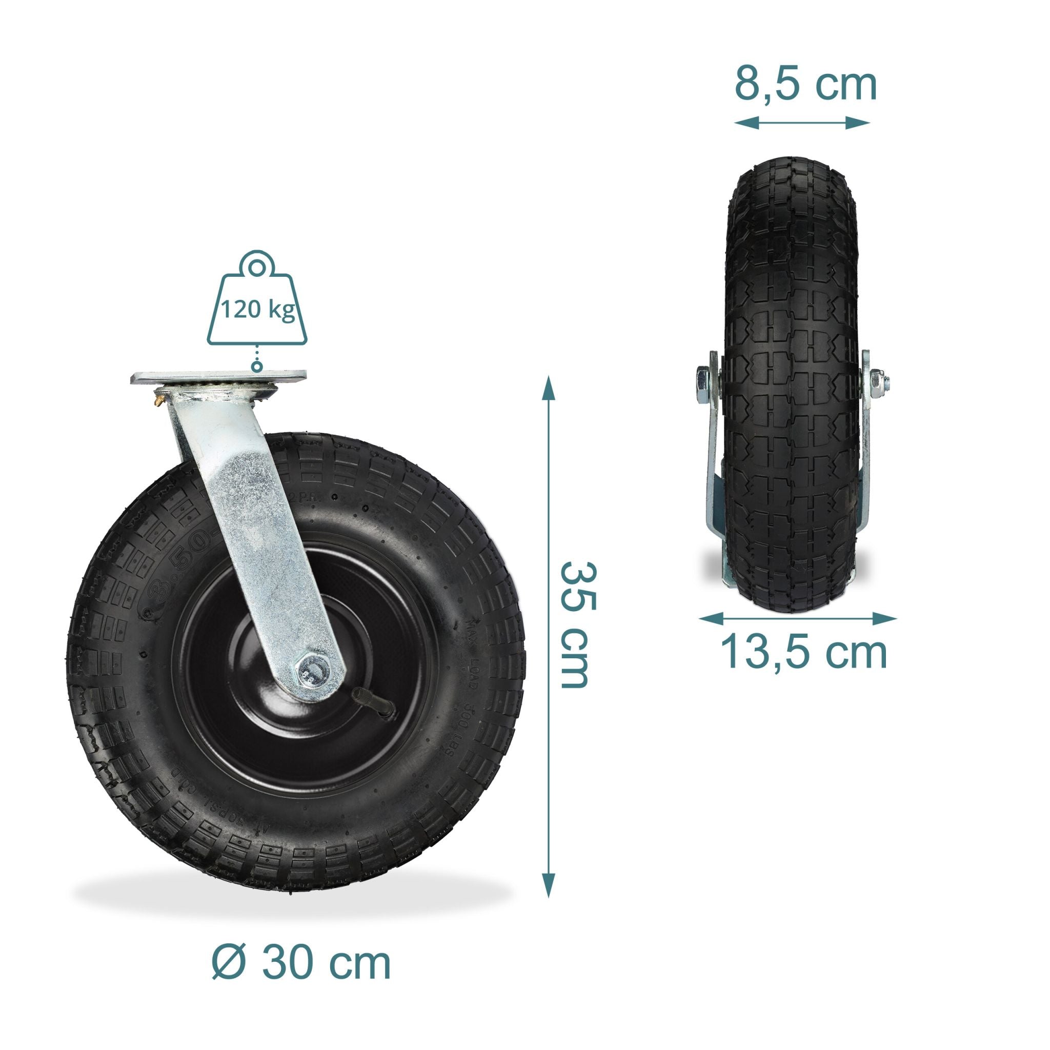 Lenkrolle luftbereift 3.50-6 Schwarz-Silber von Relaxdays