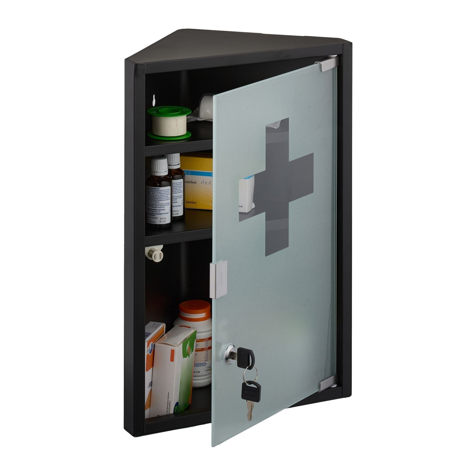 Medizinschrank mit Glastür Weiss-Schwarz-Silber von Relaxdays