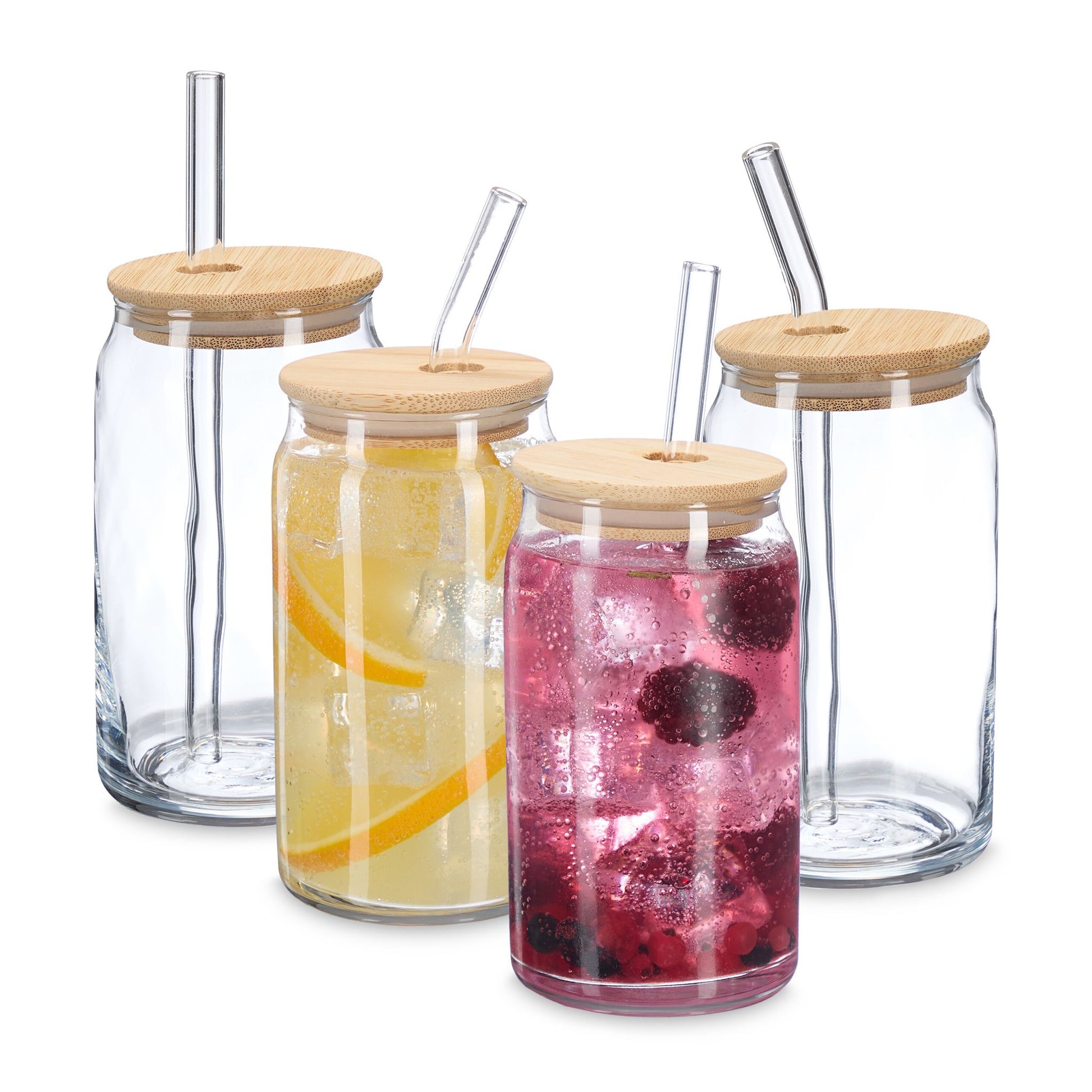 Trinkgläser mit Bambusdeckel 4er-Set Hellbraun-Transparent von Relaxdays