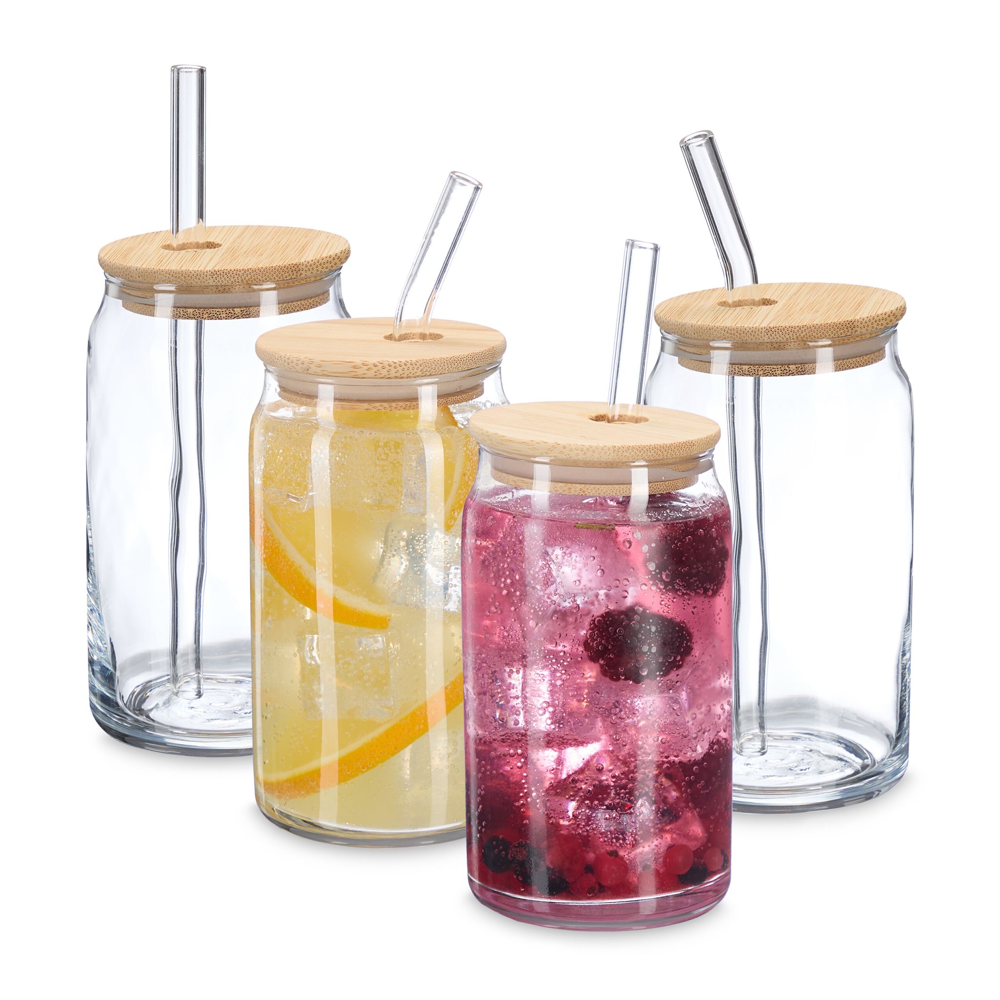 Trinkgläser mit Bambusdeckel 4er-Set Hellbraun-Transparent von Relaxdays