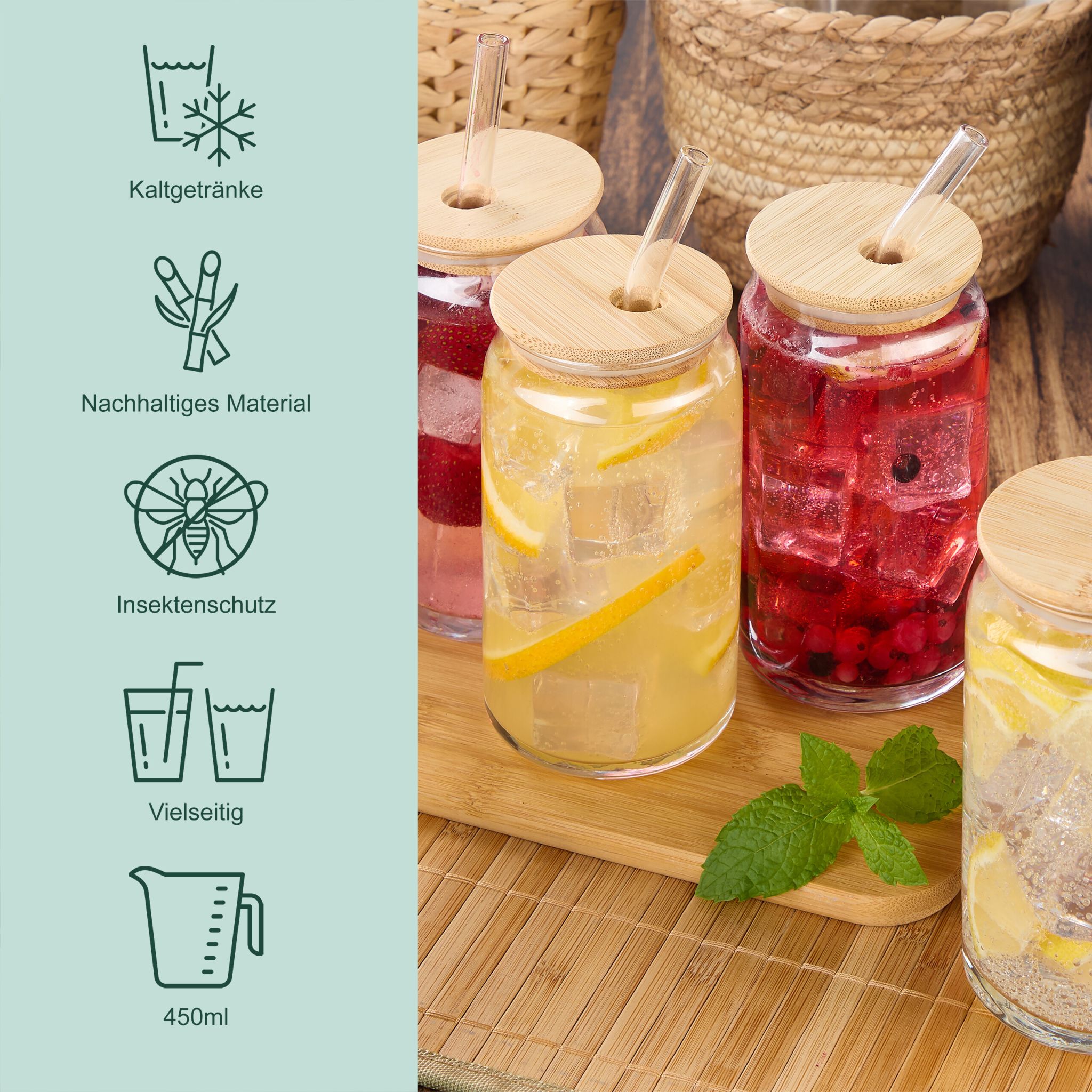 Trinkgläser mit Bambusdeckel 4er-Set Hellbraun-Transparent von Relaxdays