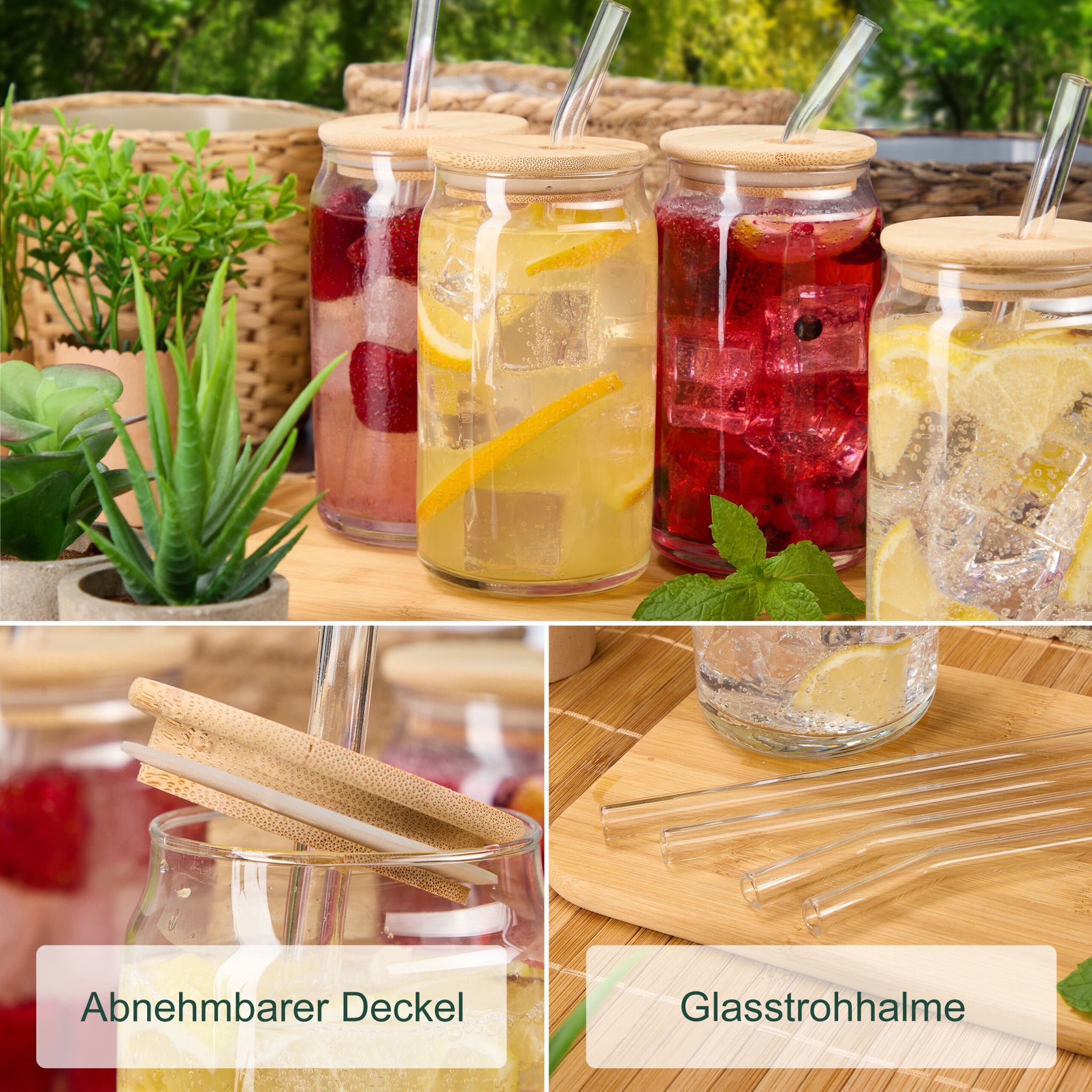 Trinkgläser mit Bambusdeckel 4er-Set Hellbraun-Transparent von Relaxdays