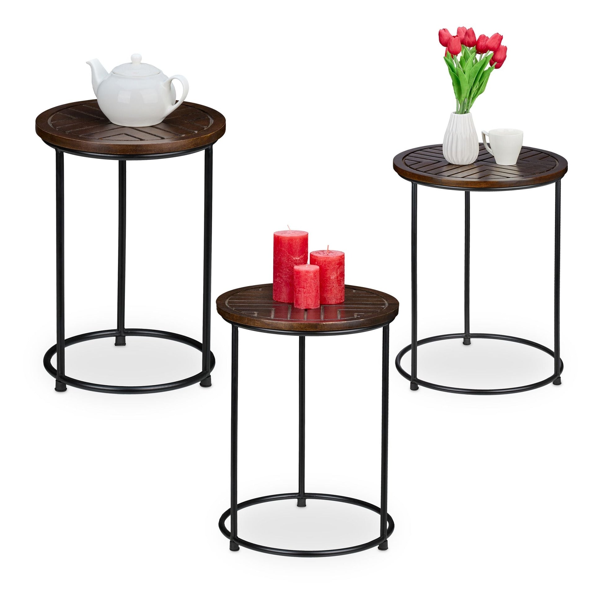 Satztisch 3er-Set Mangoholz Braun-Schwarz von Relaxdays