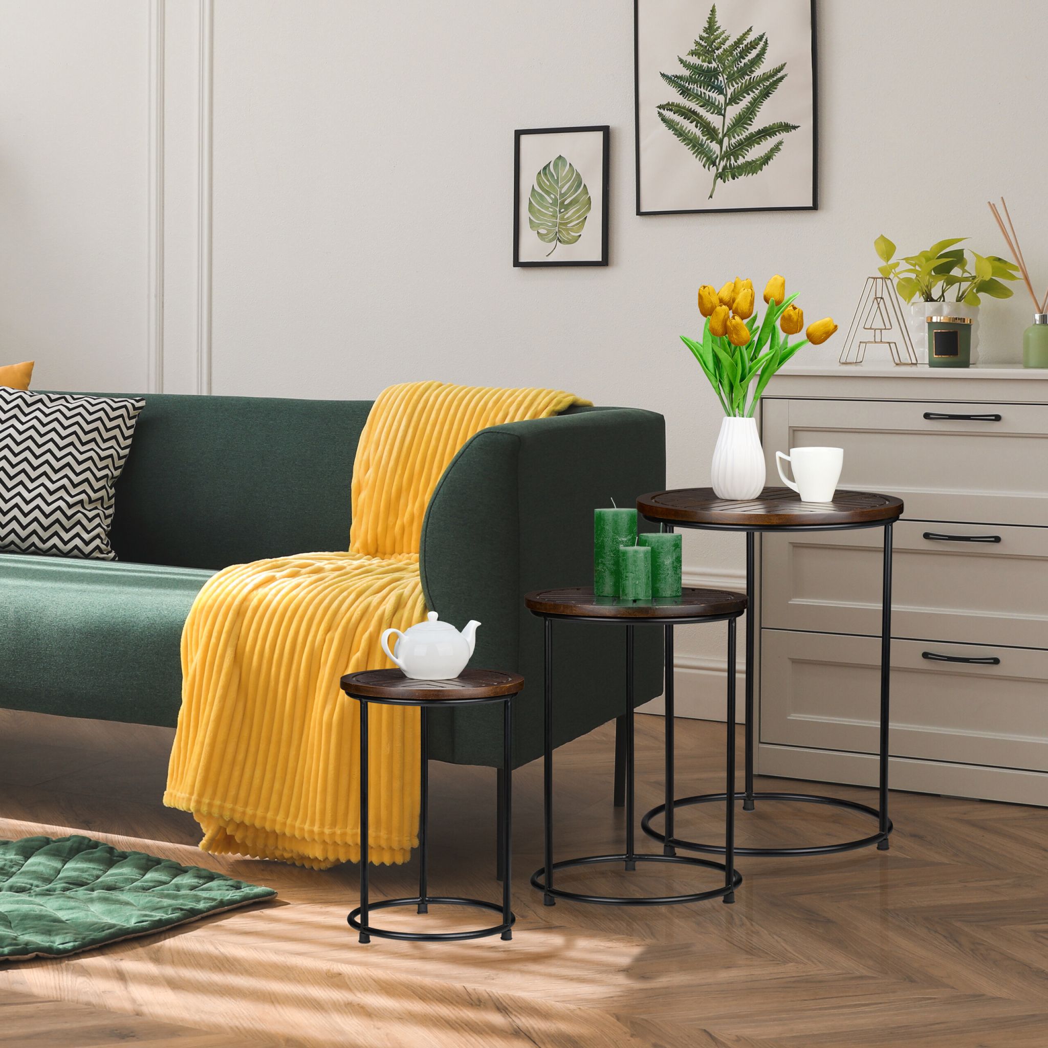 Satztisch 3er-Set Mangoholz Braun-Schwarz von Relaxdays