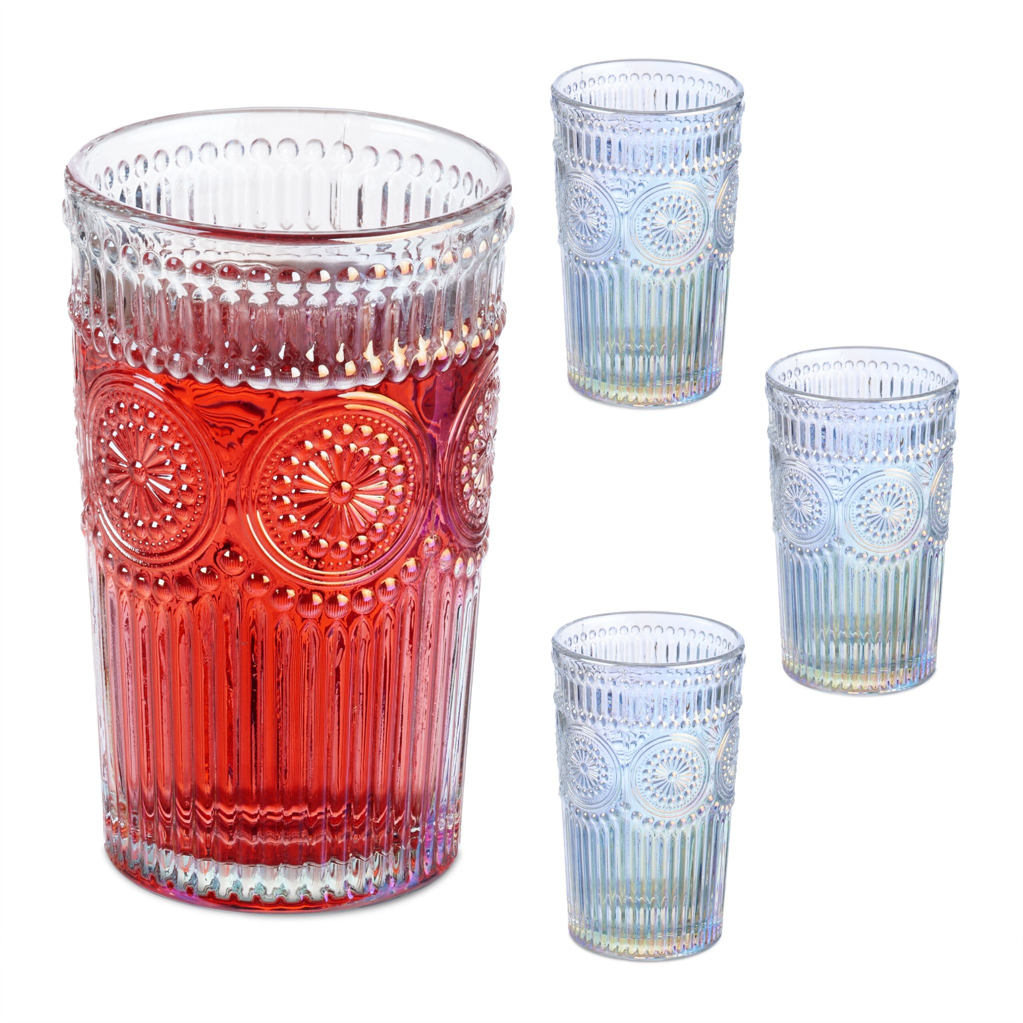 Trinkgläser Vintage 4er-Set Hellblau-Rosa-Transparent von Relaxdays