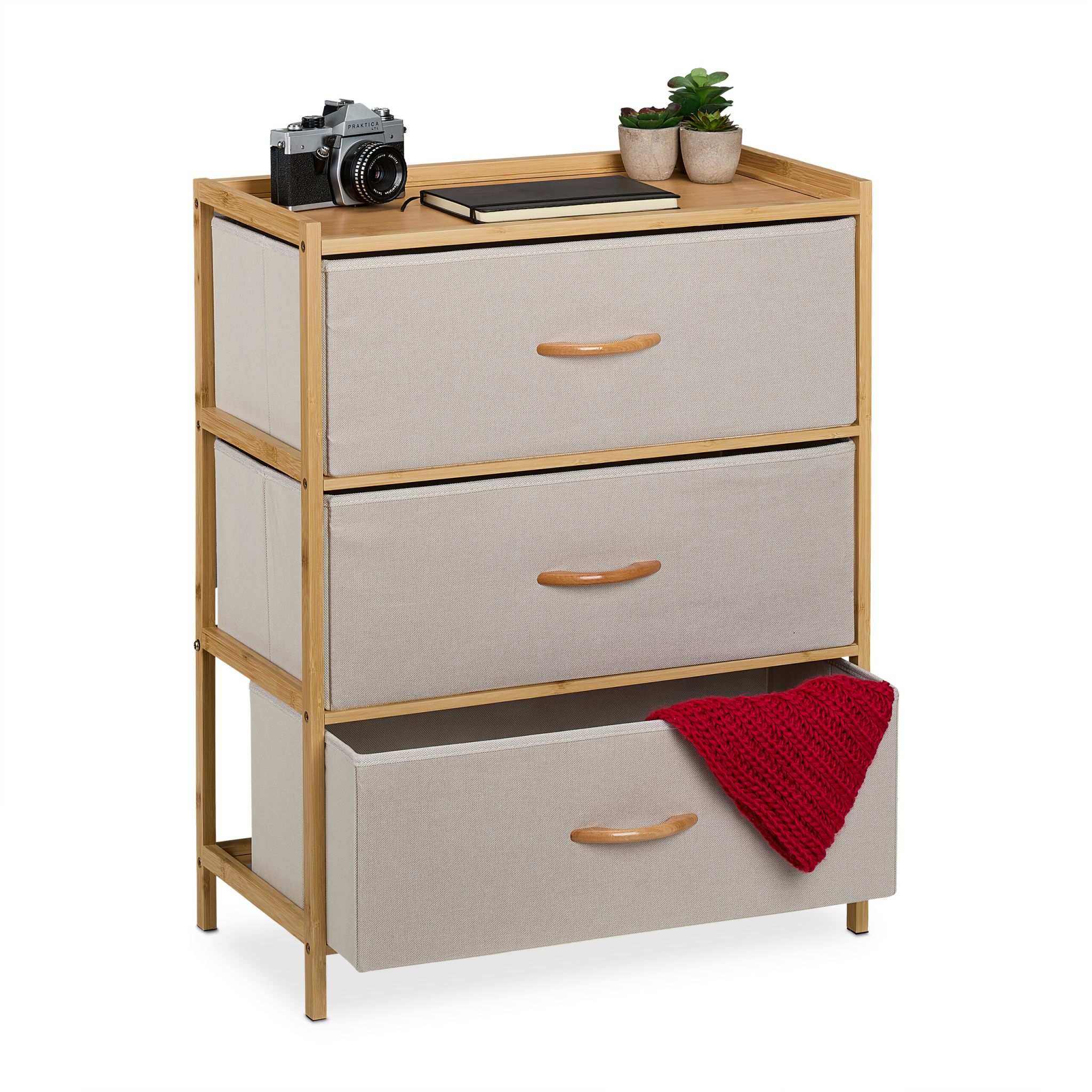 Kommode 3 Schubladen Bambus Beige-Hellbraun von Relaxdays