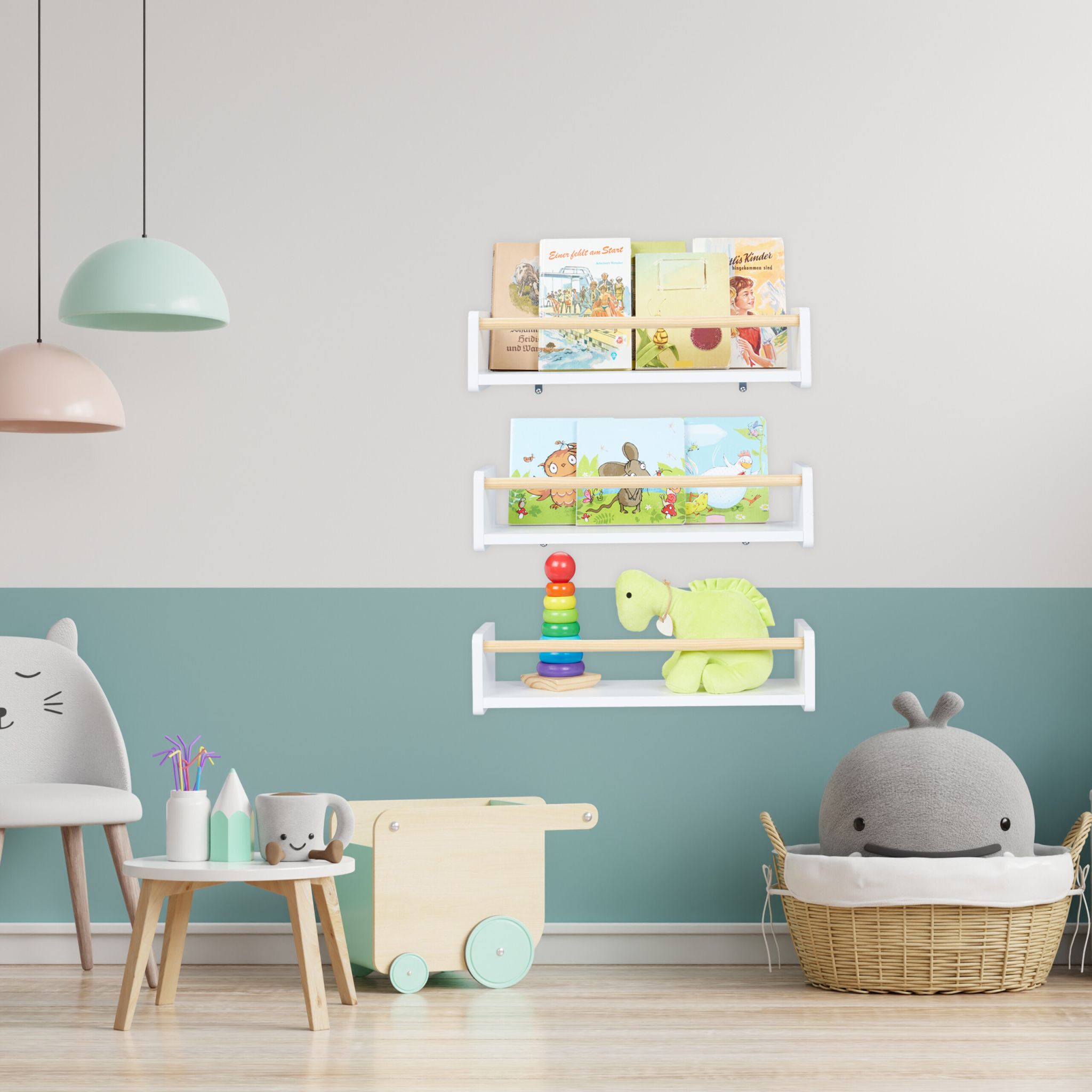 Kinderregal Wand 3er-Set Weiss-Hellbraun von Relaxdays