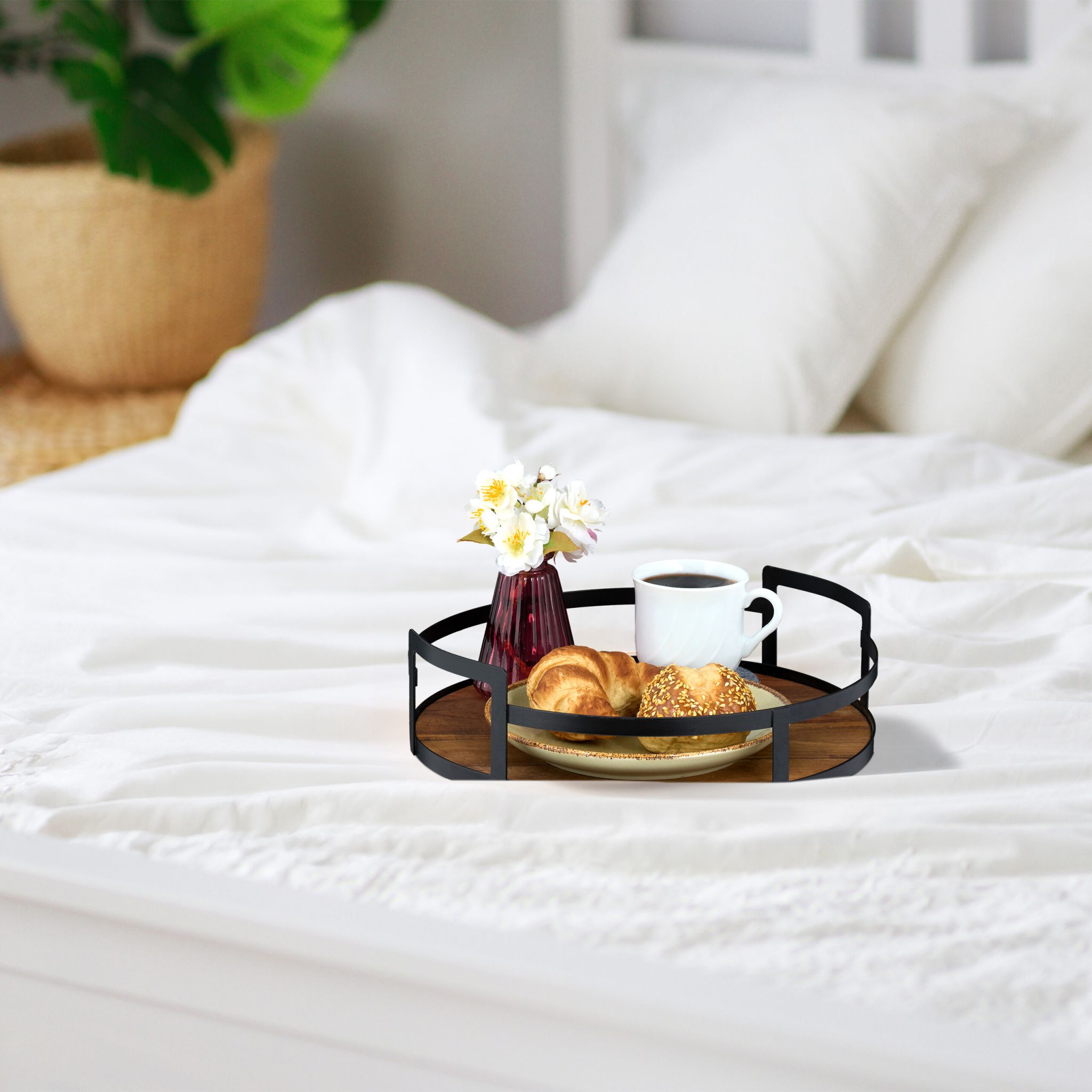 Rundes Tablett Holz und Metall Braun-Schwarz von Relaxdays