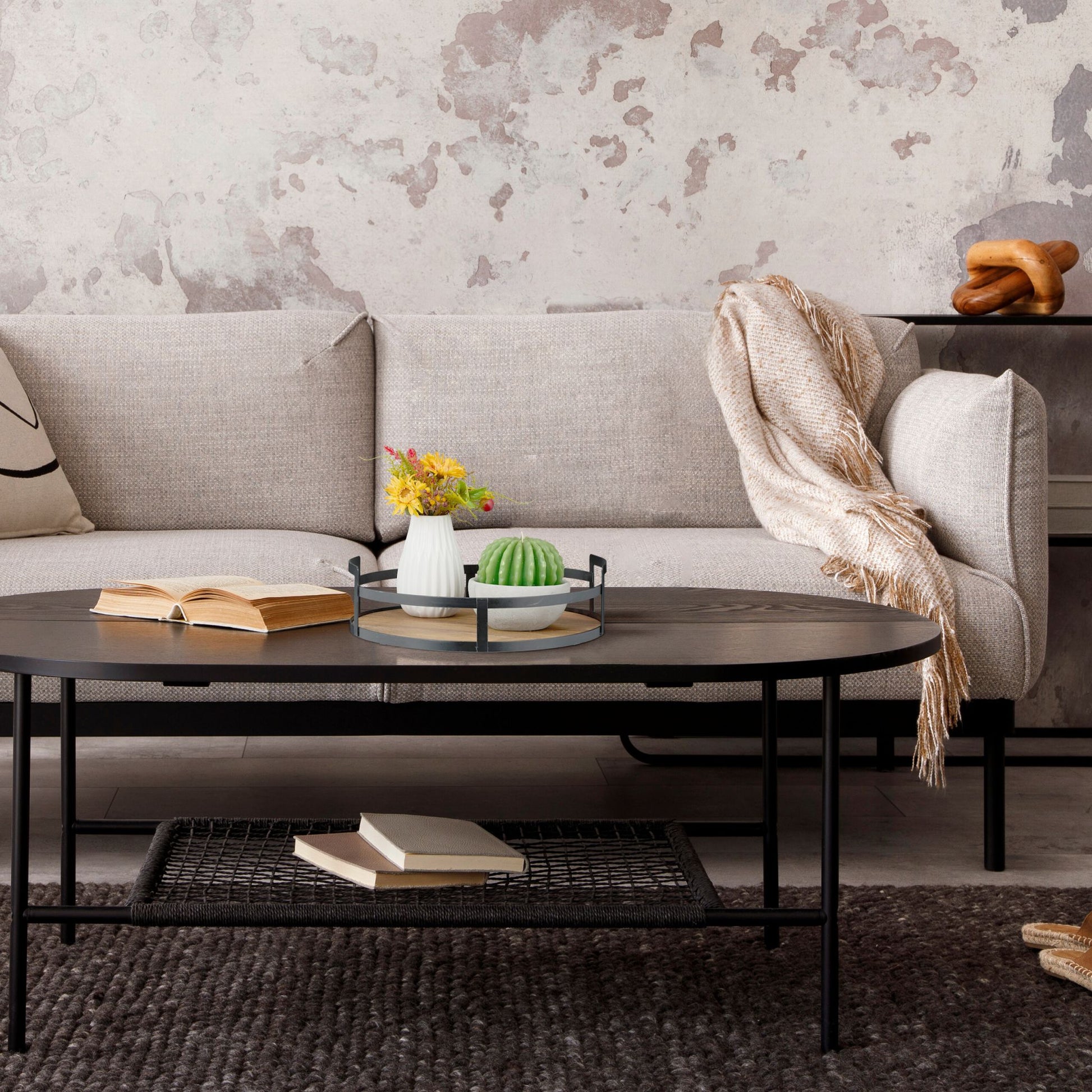 Rundes Tablett Holz und Metall Braun-Schwarz von Relaxdays