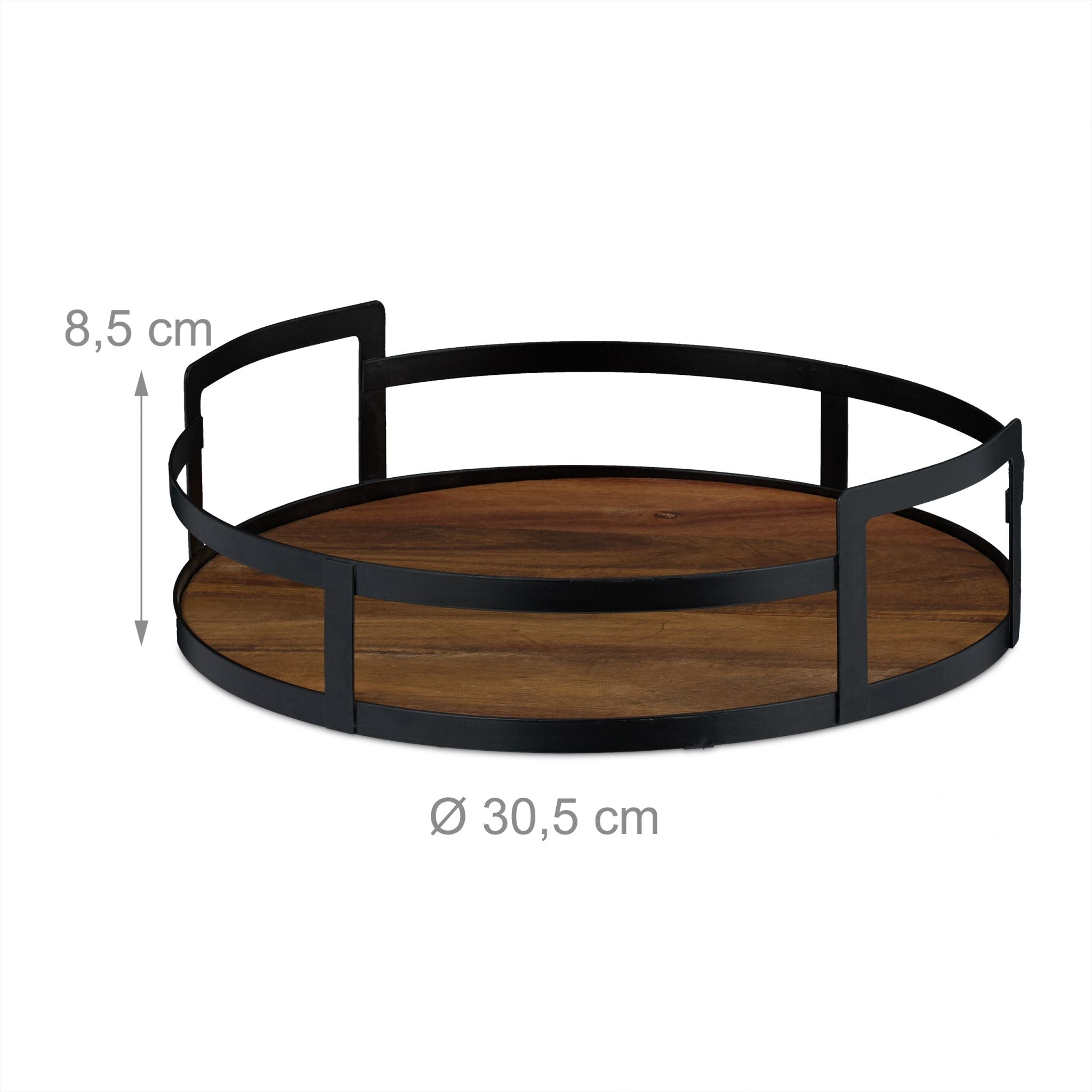 Rundes Tablett Holz und Metall Braun-Schwarz von Relaxdays