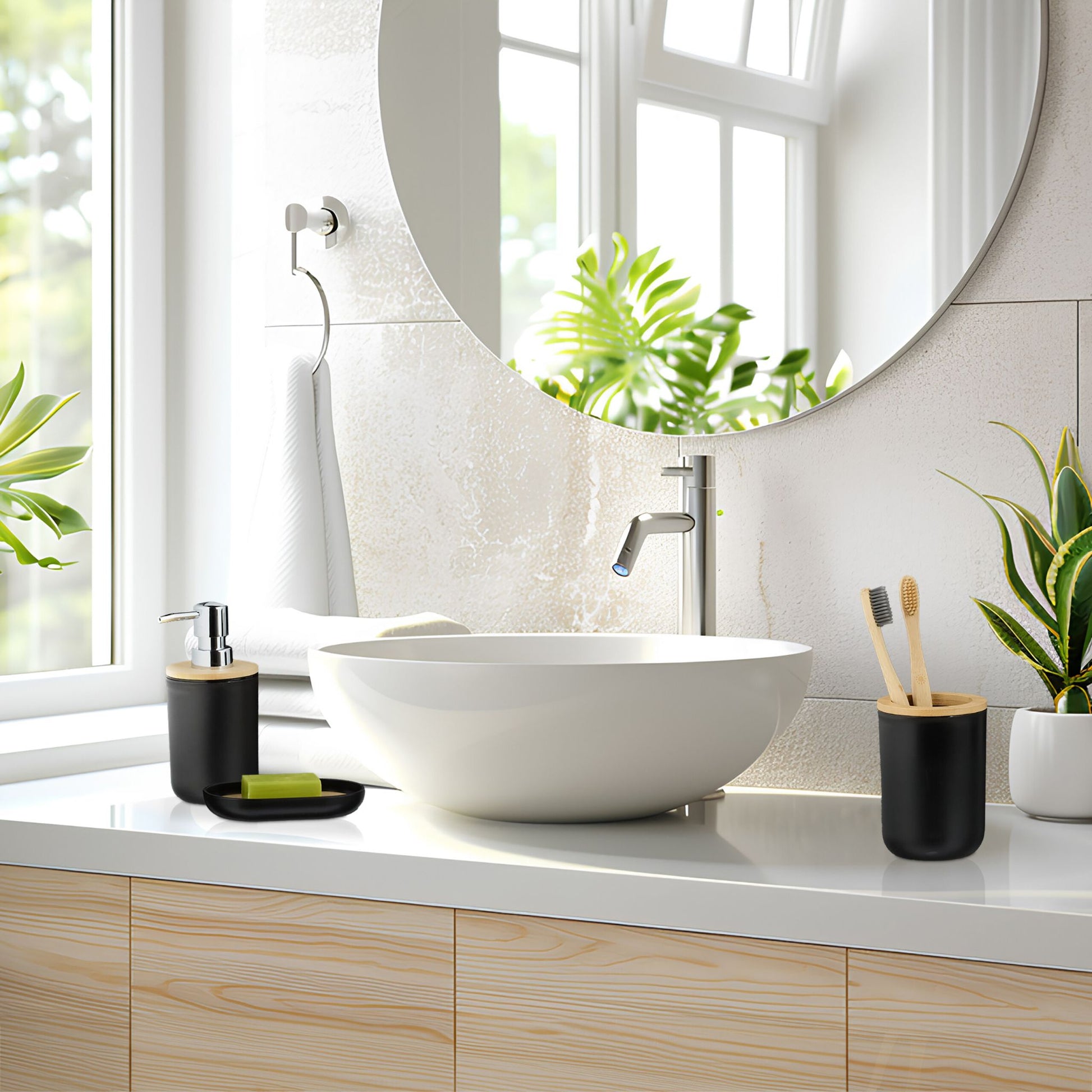 Badezimmer-Set 6-tlg. Hellbraun-Schwarz-Silber von Relaxdays
