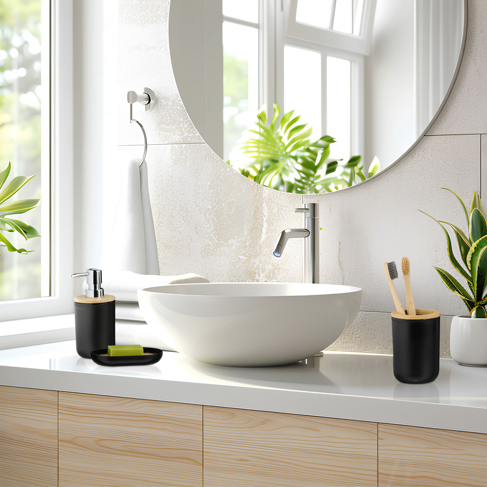 Badezimmer-Set 6-tlg. Hellbraun-Schwarz-Silber von Relaxdays