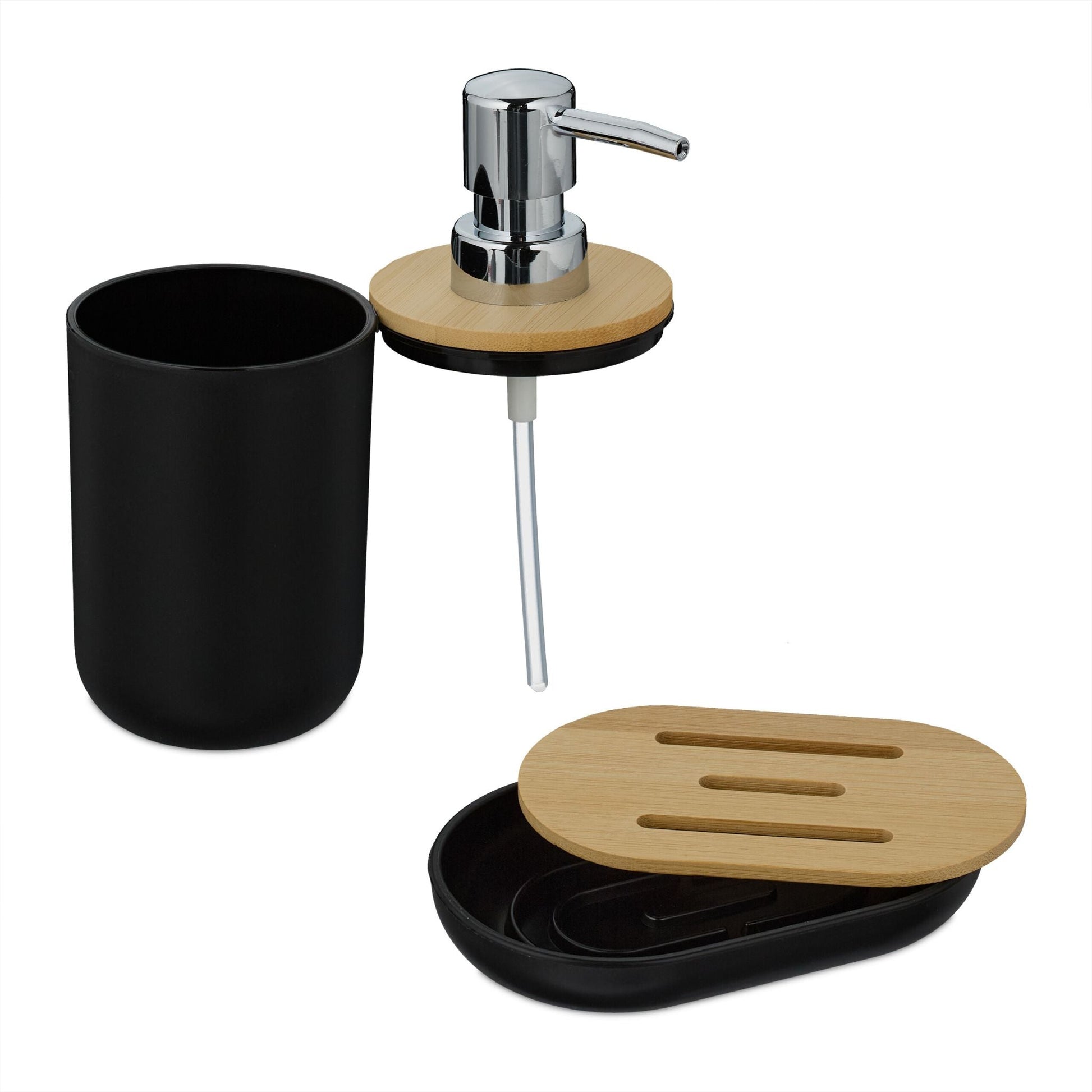 Badezimmer-Set 6-tlg. Hellbraun-Schwarz-Silber von Relaxdays