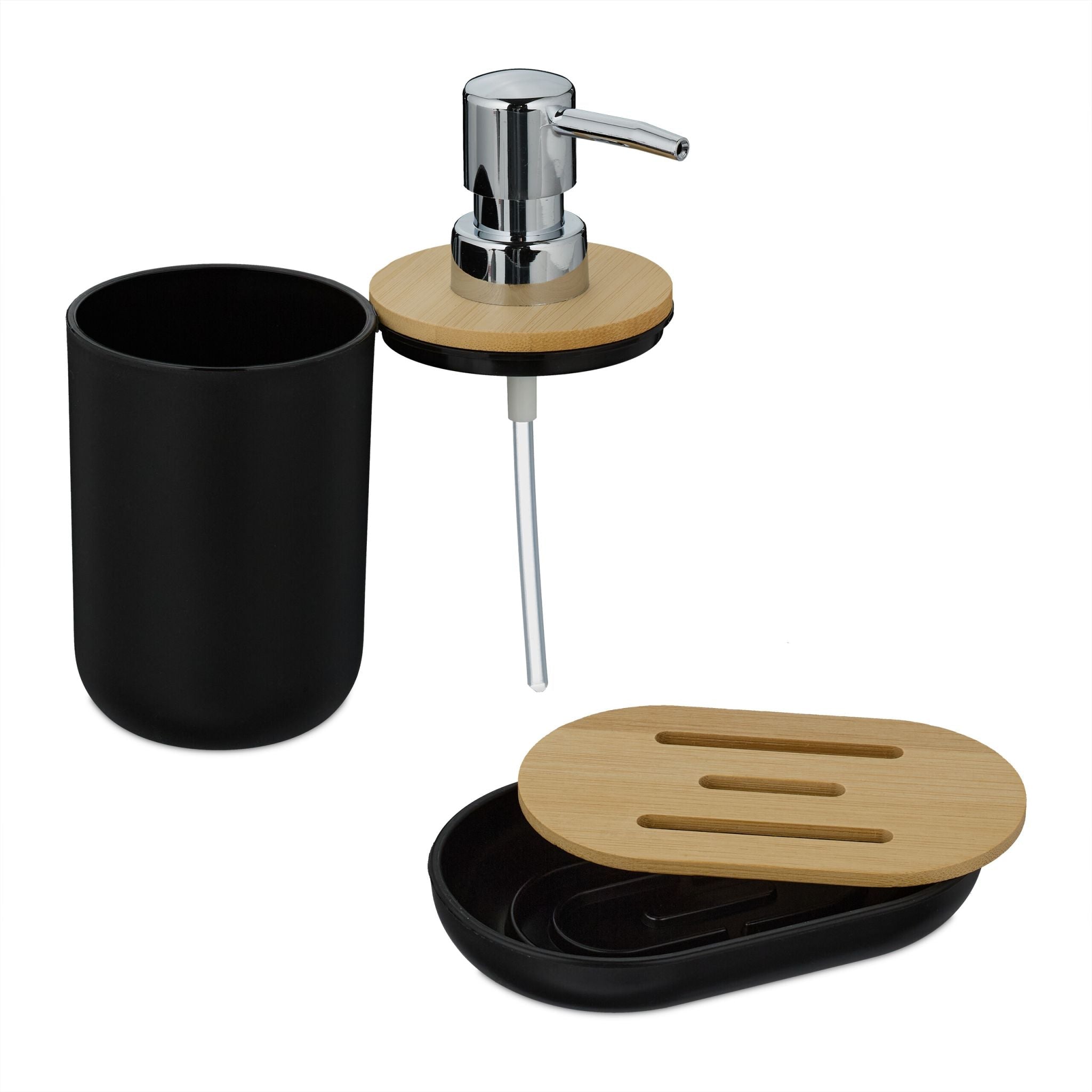 Badezimmer-Set 6-tlg. Hellbraun-Schwarz-Silber von Relaxdays