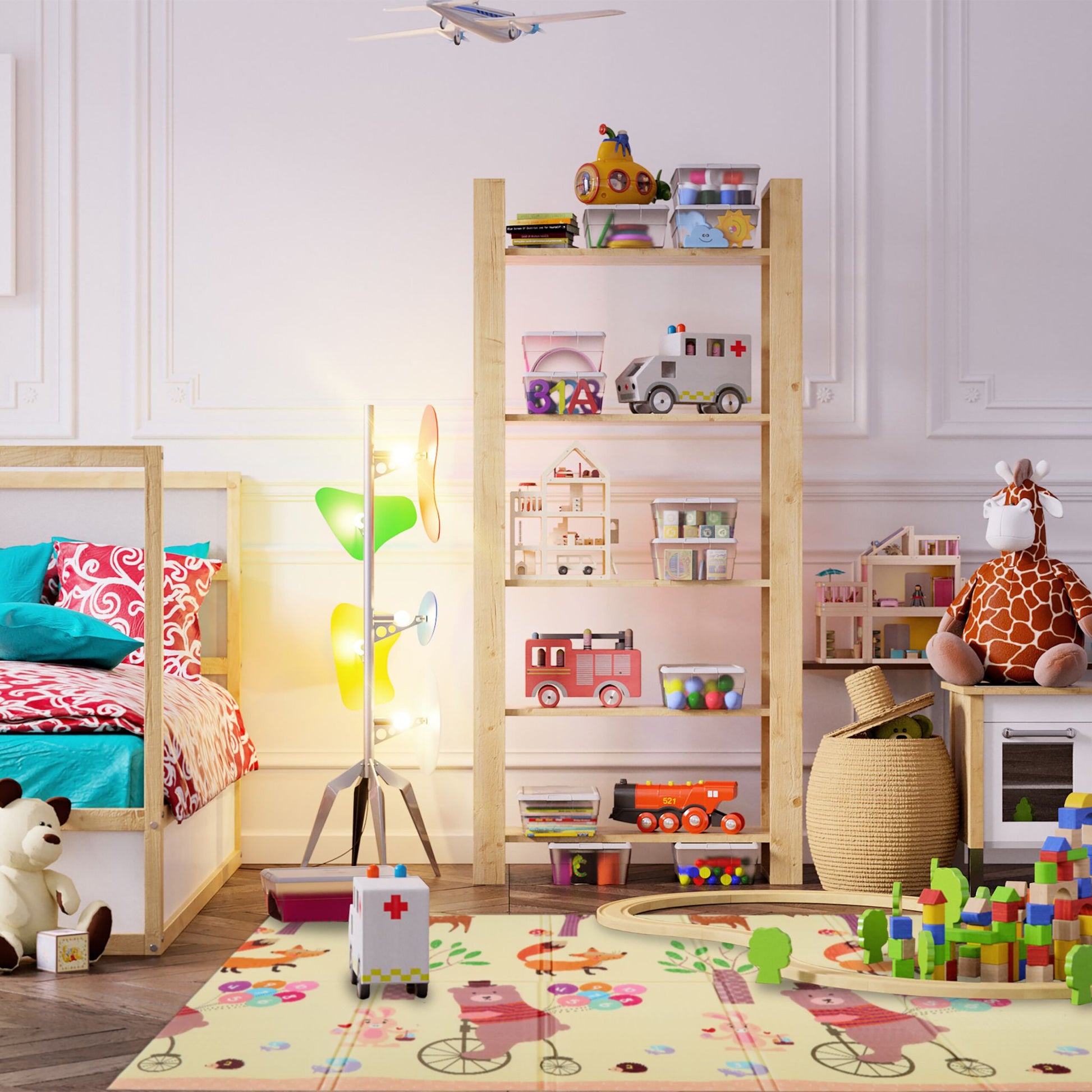 Spielmatte Strassen- u. Tiermotiv faltbar Weiss-Gelb-Rosa von Relaxdays