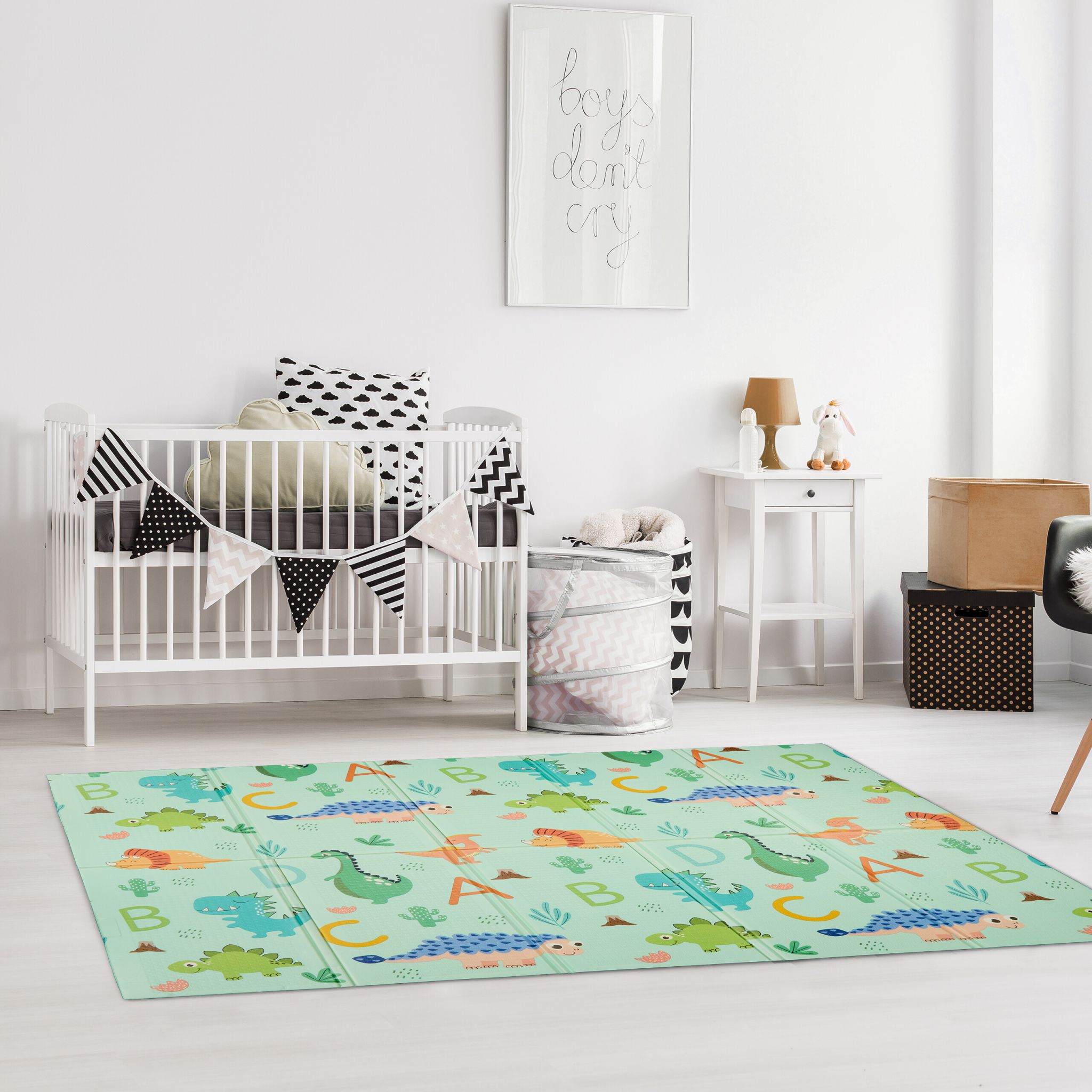Faltbare Spielmatte Dinosaurier und Zug Weiss-Grün-Hellblau von Relaxdays