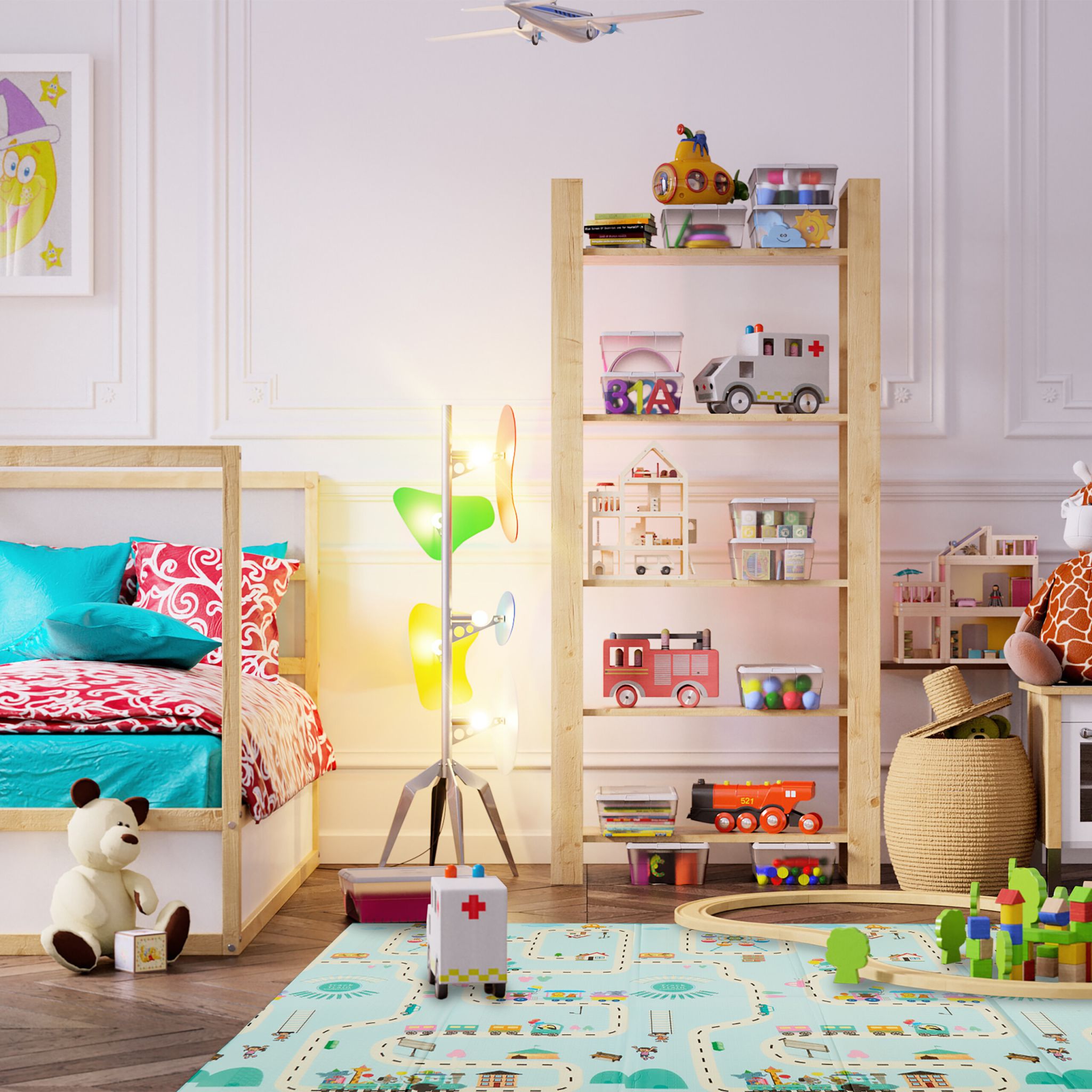 Faltbare Spielmatte Dinosaurier und Zug Weiss-Grün-Hellblau von Relaxdays