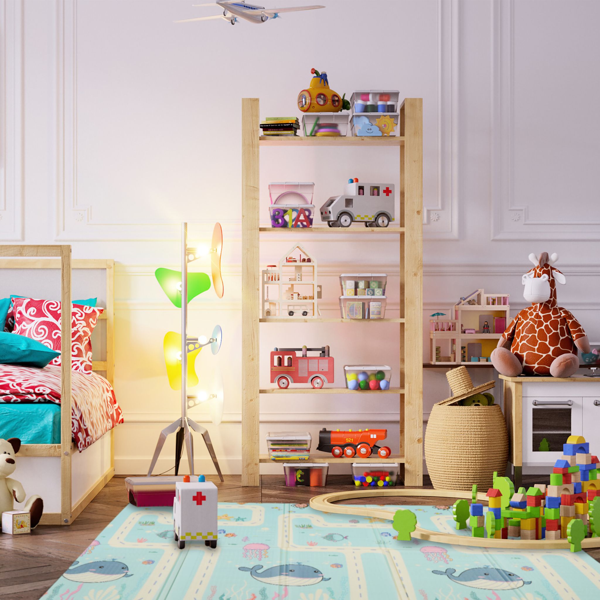 Faltbare Spielmatte Land- u. Meerestiere Weiss-Gelb-Hellblau von Relaxdays