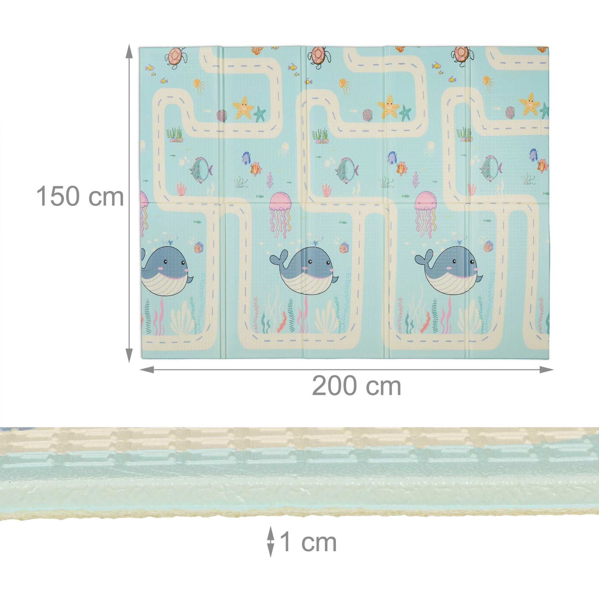 Faltbare Spielmatte Land- u. Meerestiere Weiss-Gelb-Hellblau von Relaxdays