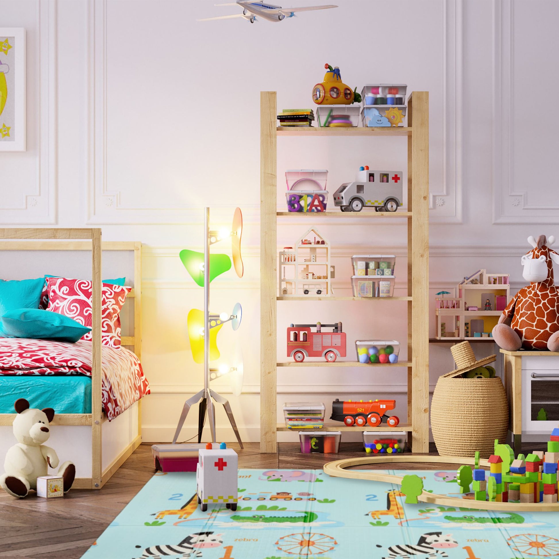 Faltbare Spielmatte Tiere Weiss-Grün-Hellblau von Relaxdays