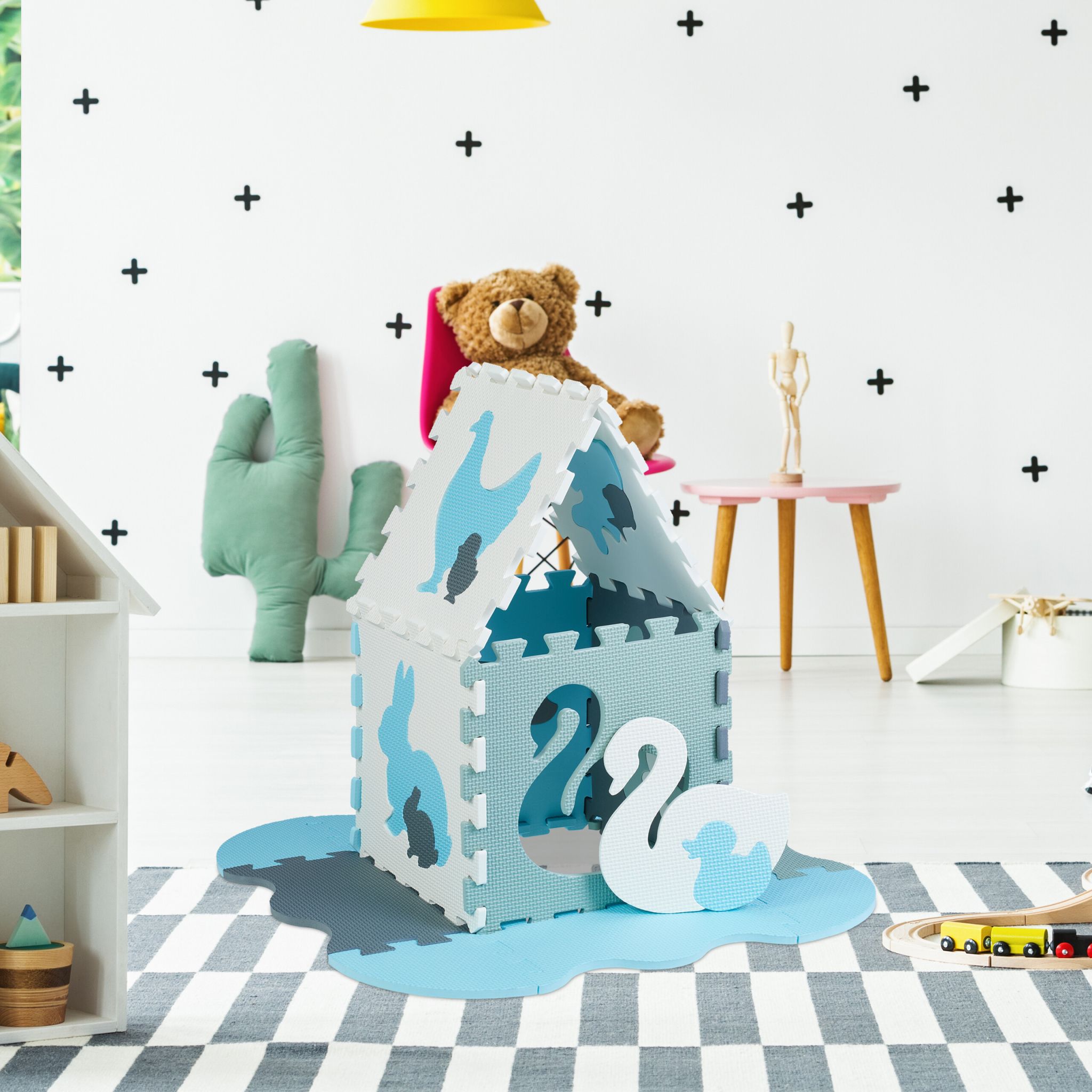 Puzzlematte Tiere Anthrazit-Weiss-Hellblau von Relaxdays